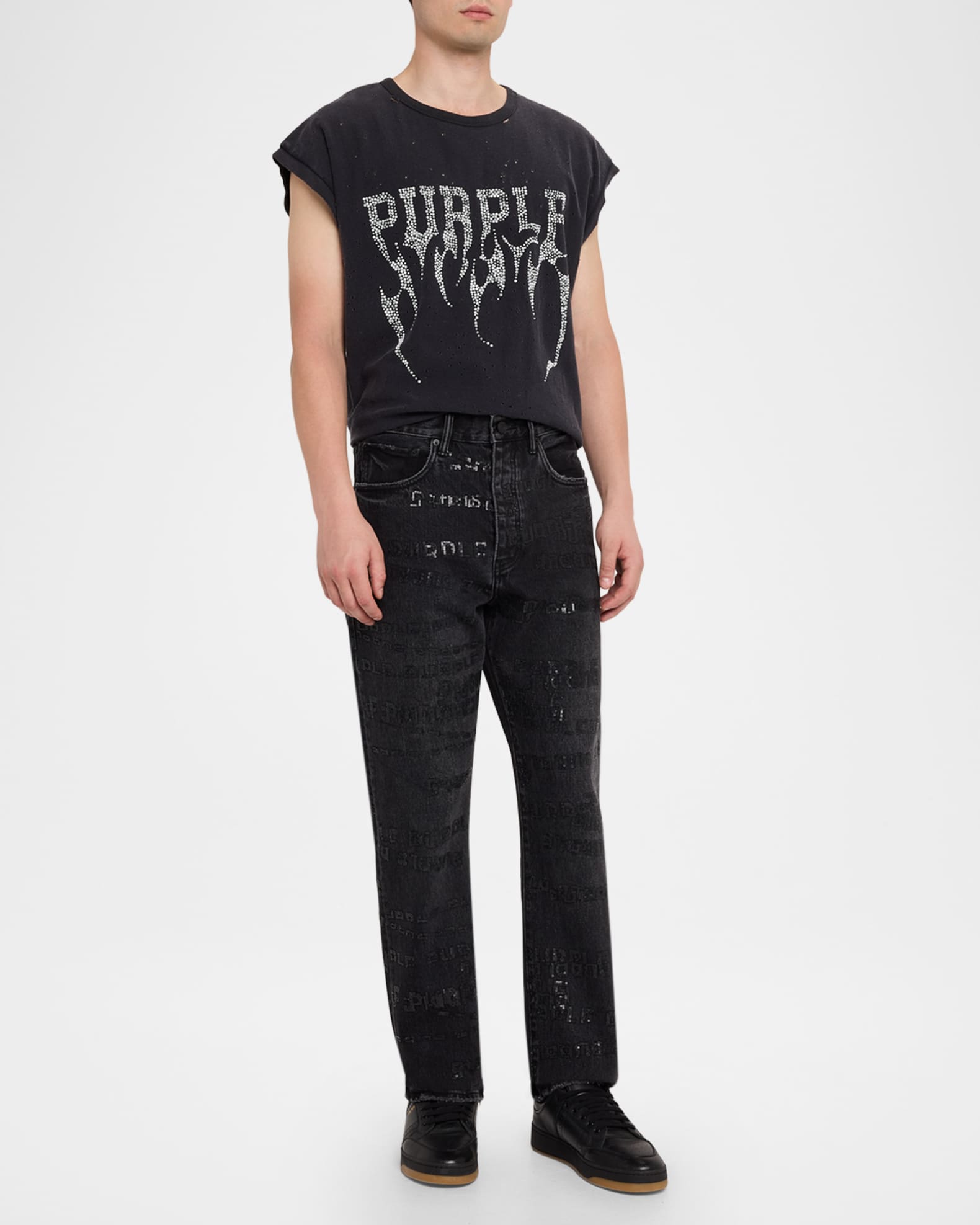PURPLE Men's P011 Sequins Wordmark Jeans | Neiman Marcus