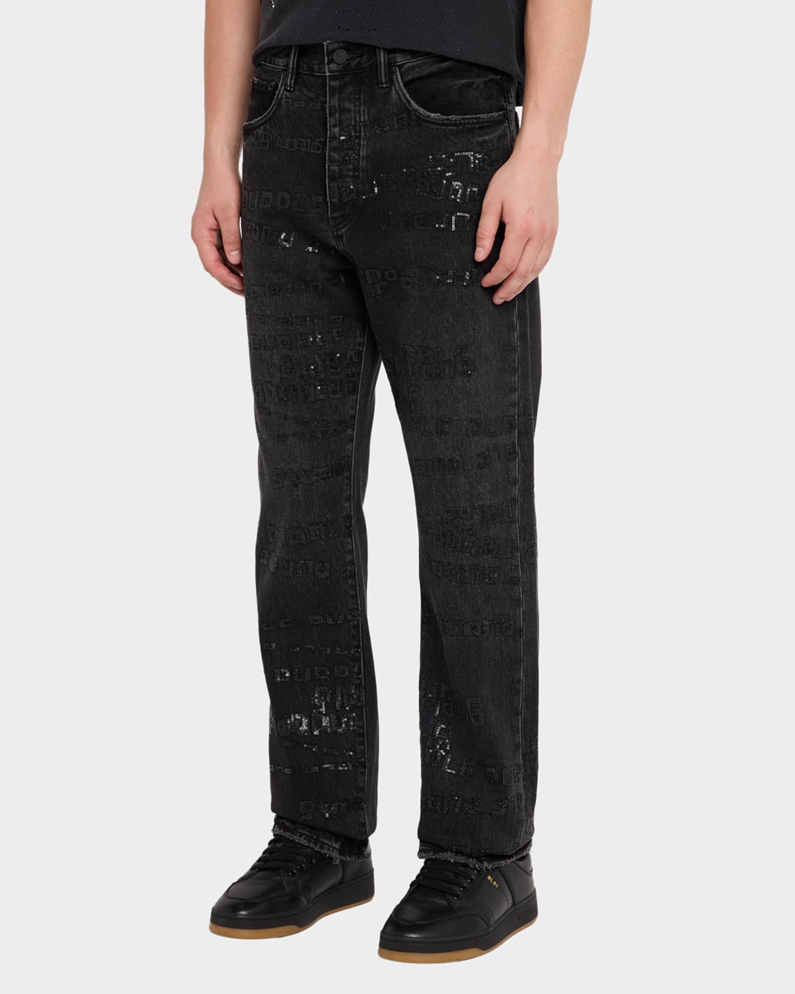 PURPLE Men's P011 Sequins Wordmark Jeans | Neiman Marcus