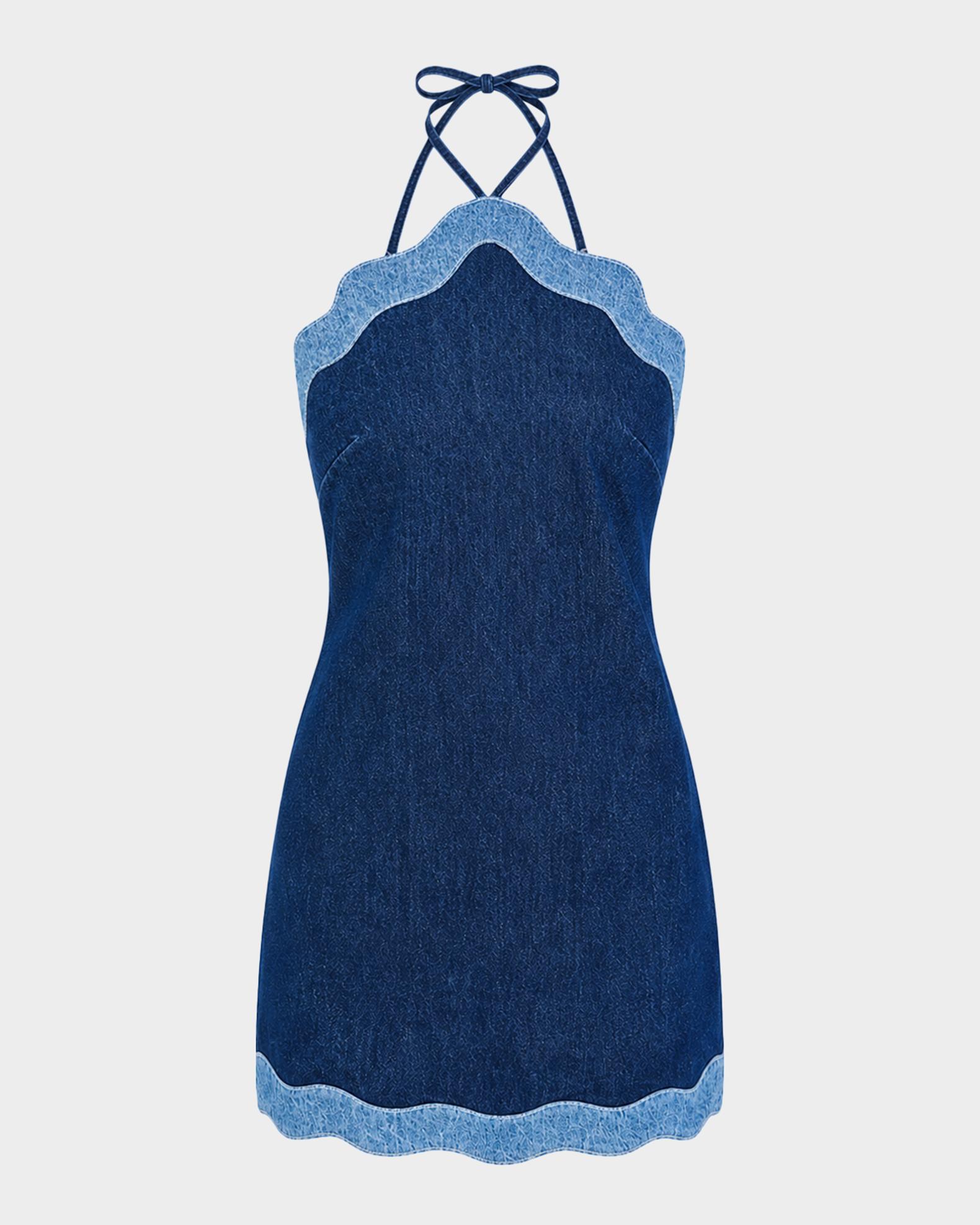 denim halter dresses Retrofête Tasia Dress | Blue | Size L Size:62R LINING 1 - 95% POLYESTER Long Chiffon Dress style White denim mini dress this sleeveless dress features