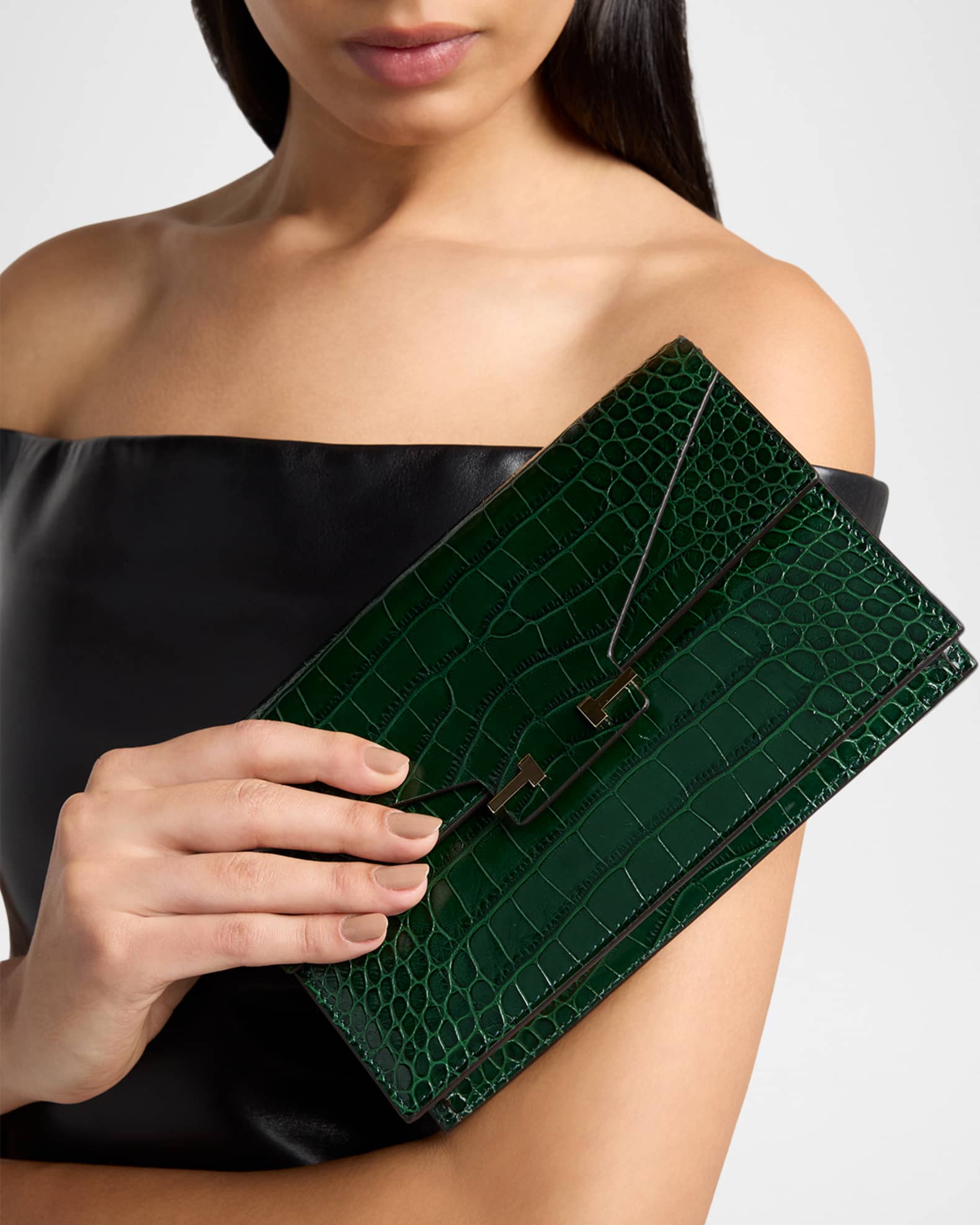 TOM FORD Small Croc-Embossed Leather T-Clasp Clutch Bag | Neiman