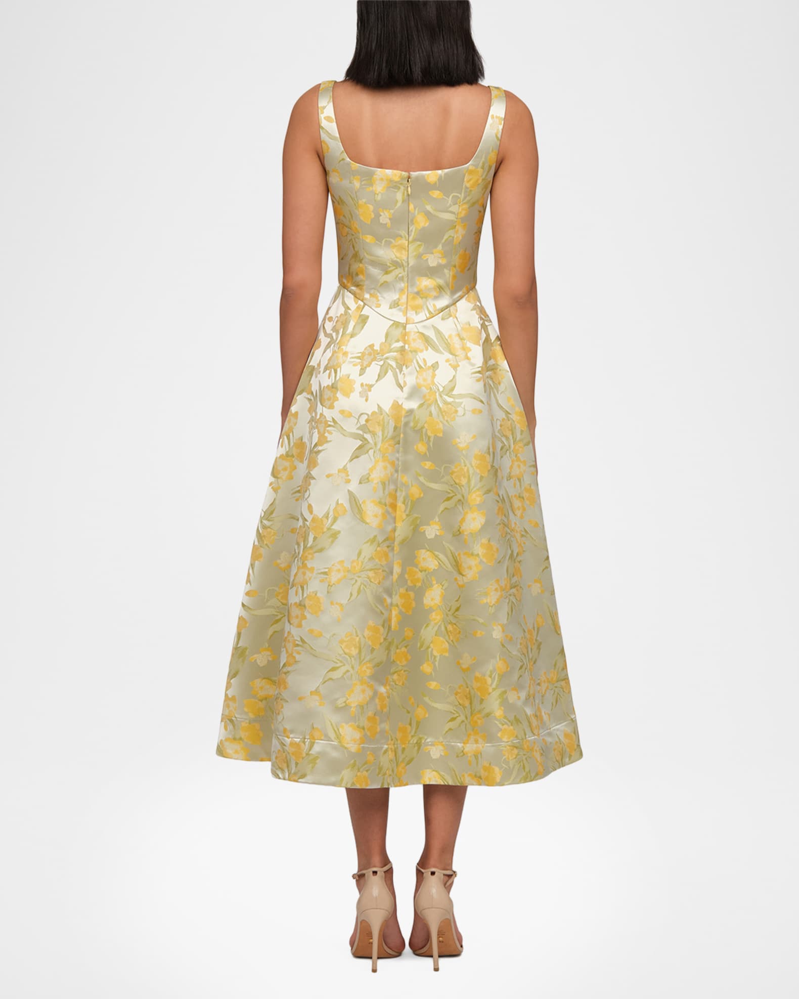 Theia Julie Basque-Waist Pleated Jacquard Midi Dress | Neiman Marcus