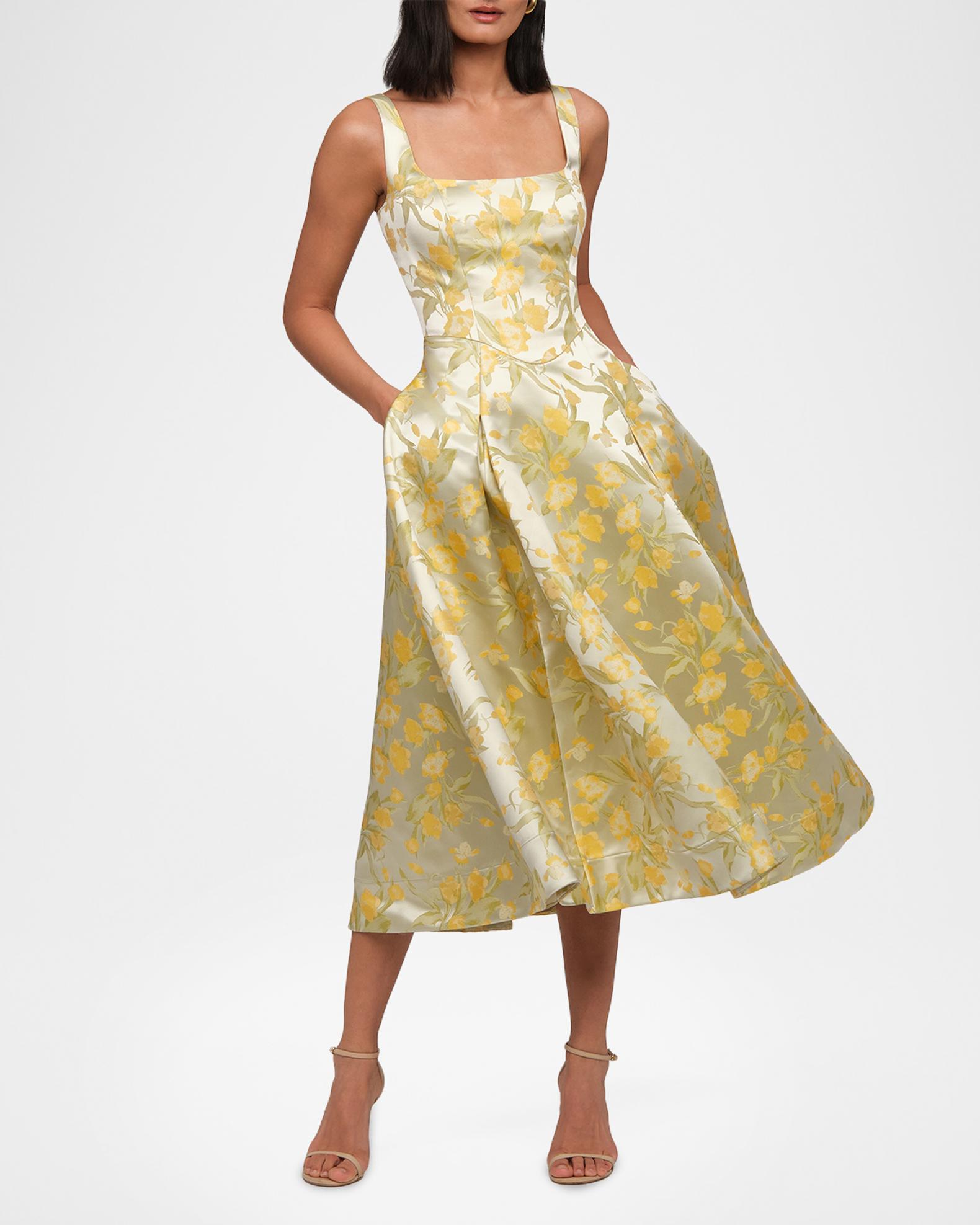 Theia Julie Basque-Waist Pleated Jacquard Midi Dress | Neiman Marcus