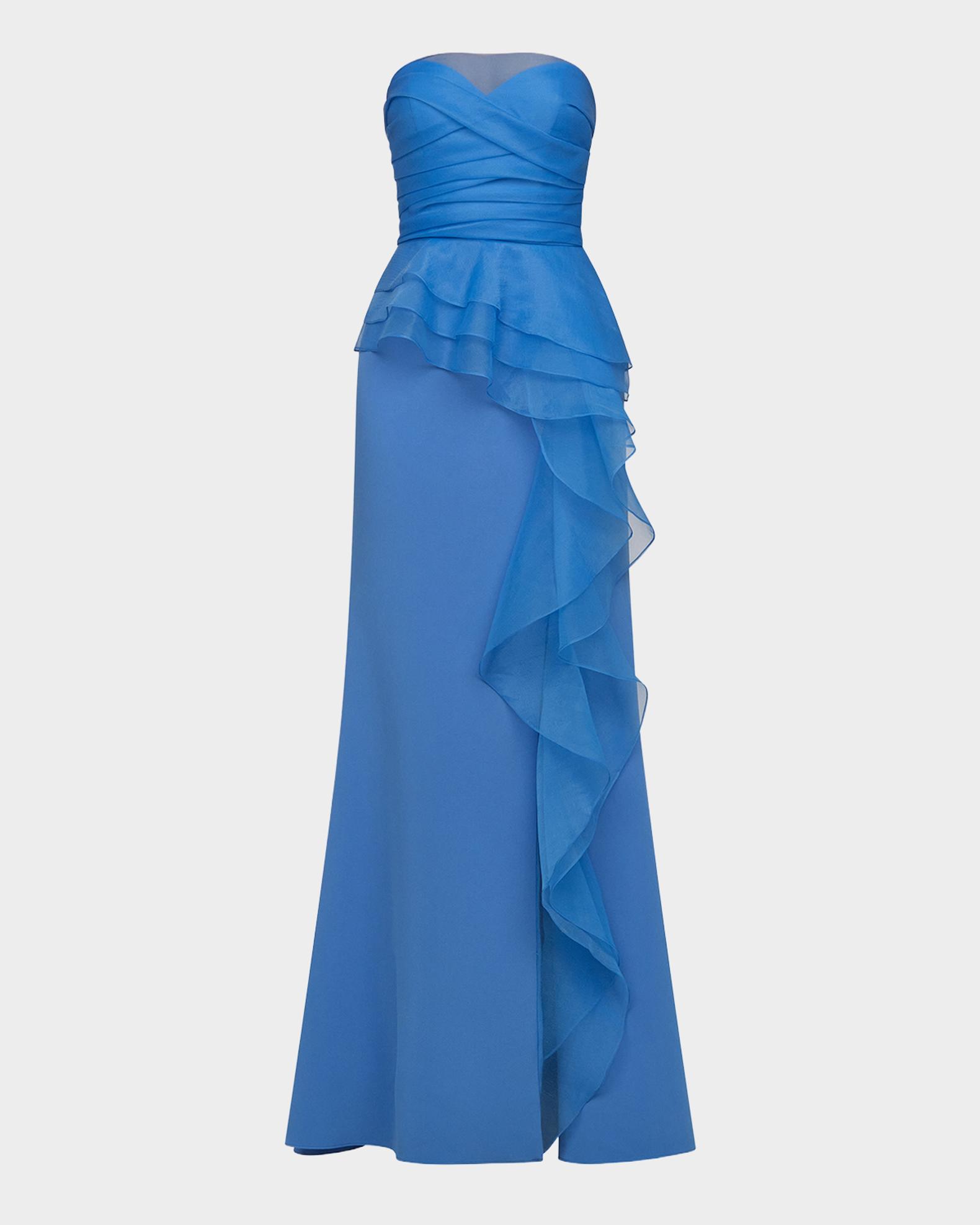 theia evening dresses Morgan Crepe & Organza Gown - Ocean Breeze Blue Italian Leather Handwoven Square Color:METALLIC IVORY Camis Ebay wrapped layers that create