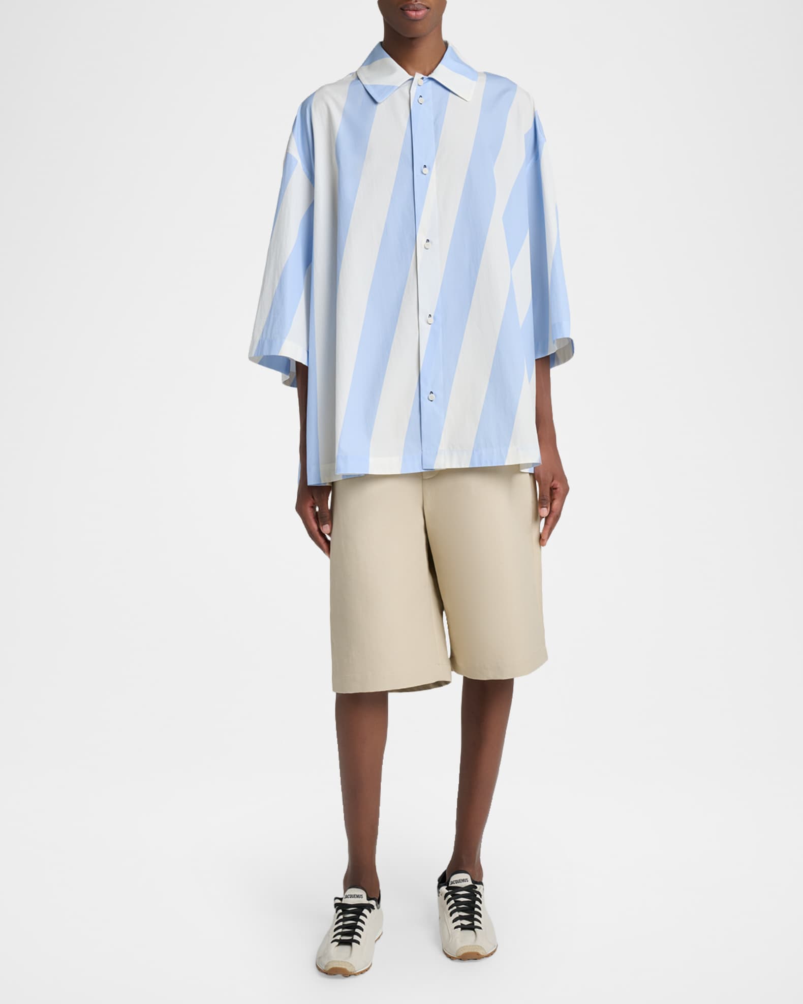 Jacquemus Men's The Triangle Stripe Poplin Flared Short-Sleeve
