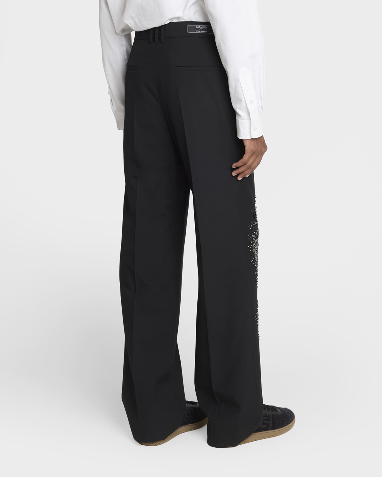 Balmain Men's Crystal-Embellished Wool Straight Leg Pleated Pants