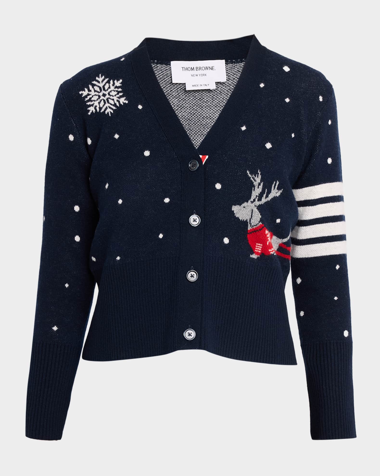 Thom Browne 4-Bar Wool Hector Reindeer V-Neck Cardigan | Neiman Marcus