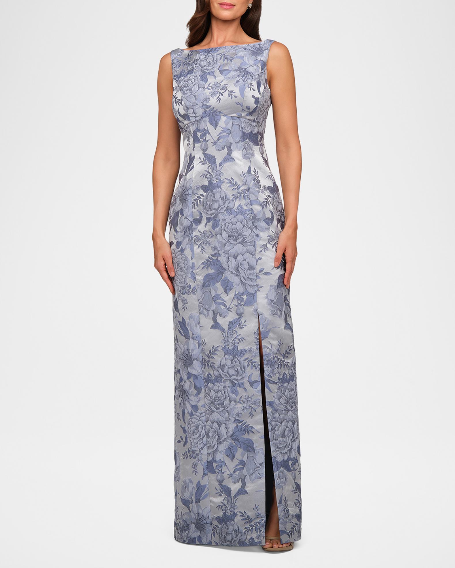 dresses kay unger Everleigh Column Gown - Stone Wash Color:Blue Ashes Tadashi Shoji Lace Pattern Women's Fashion Statement Formal dresses Dry clean