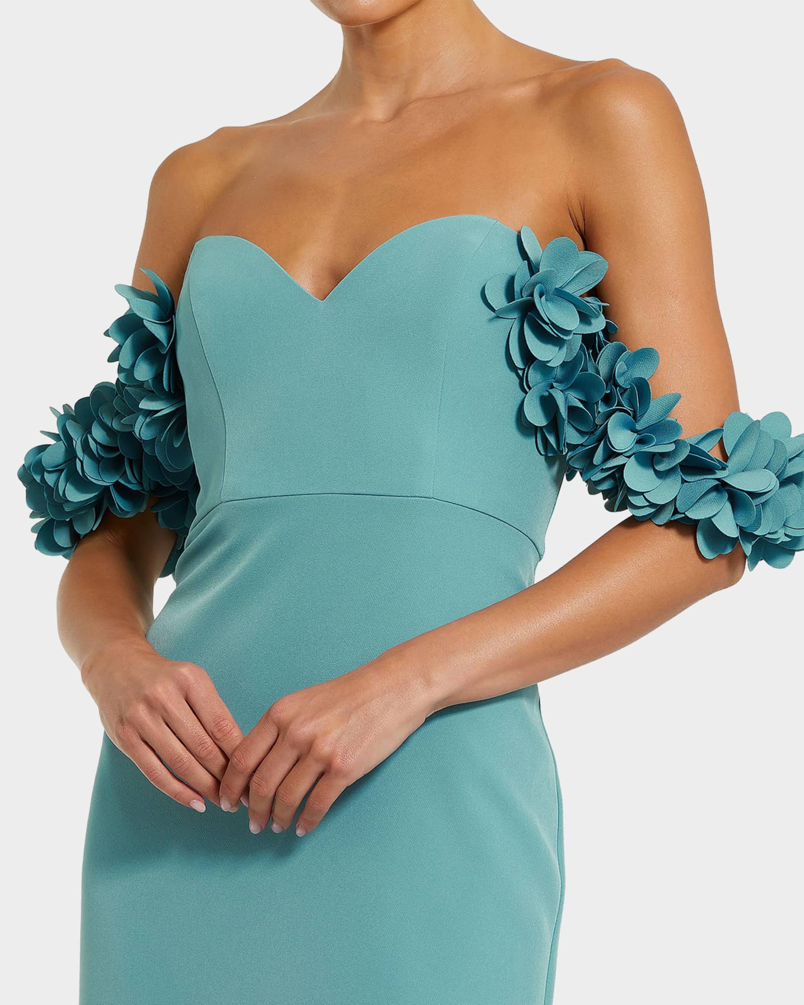 Blue Crepe Off The Shoulder Gown With 3D Flowers - Mac Duggal US 4