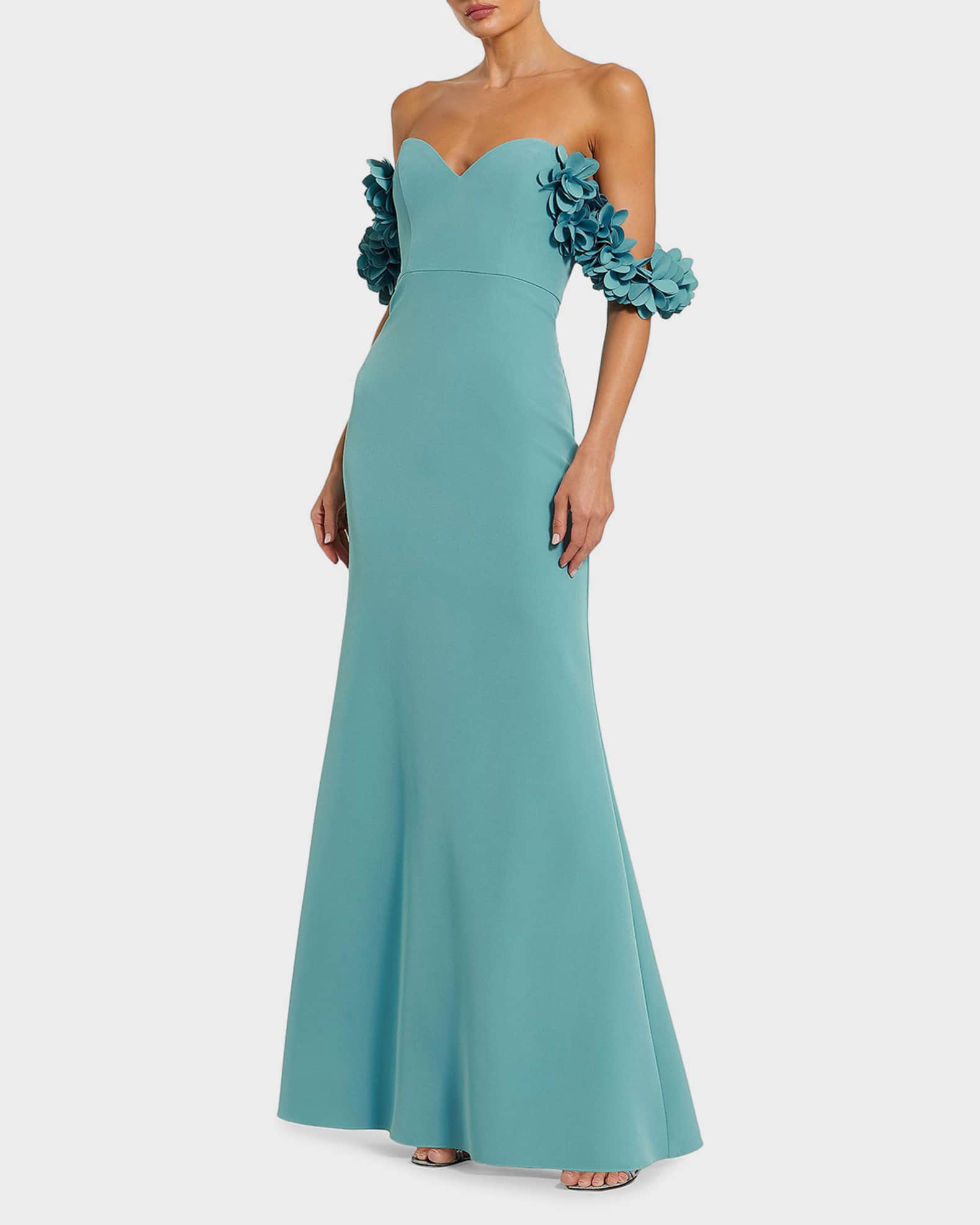 Blue Crepe Off The Shoulder Gown With 3D Flowers - Mac Duggal US 4