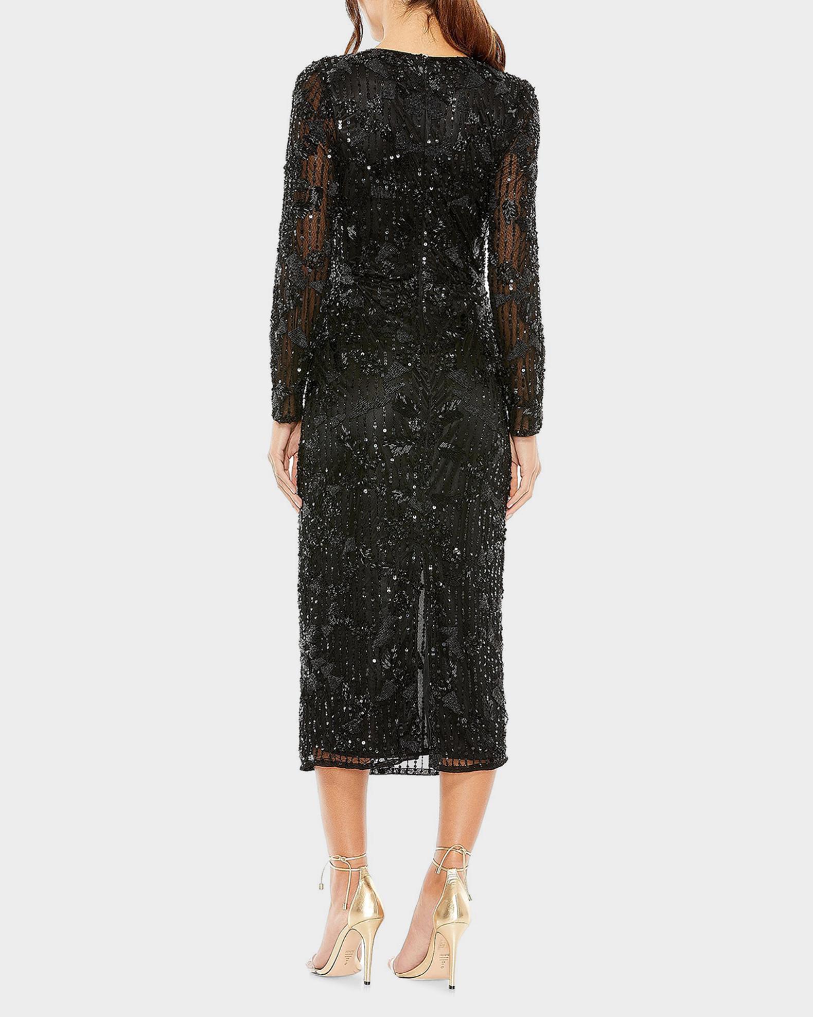 bugle bead long sleeve cocktail midi dress Mac Duggal High-Neck Beaded Long-Sleeve train:Sweep Train Royal Blue Fascinator Hat Color:White-Flowers length skirt that falls