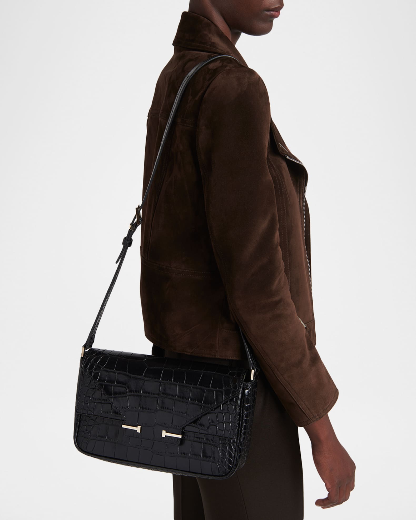 TOM FORD Large T-Clasp Croc-Embossed Leather Shoulder Bag | Neiman