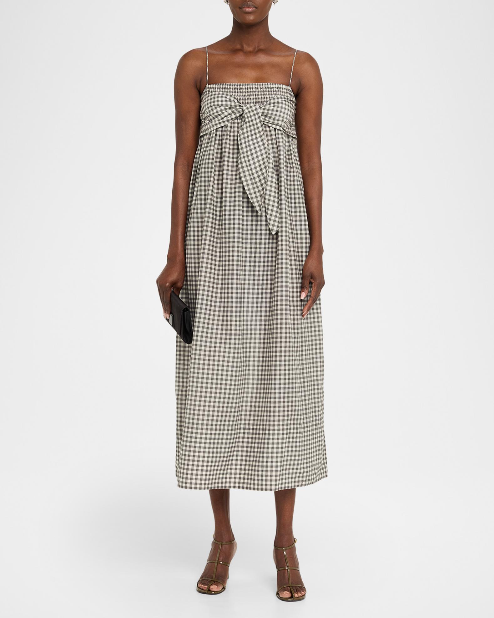 Vince Tie-Front Gingham Midi Dress | Neiman Marcus