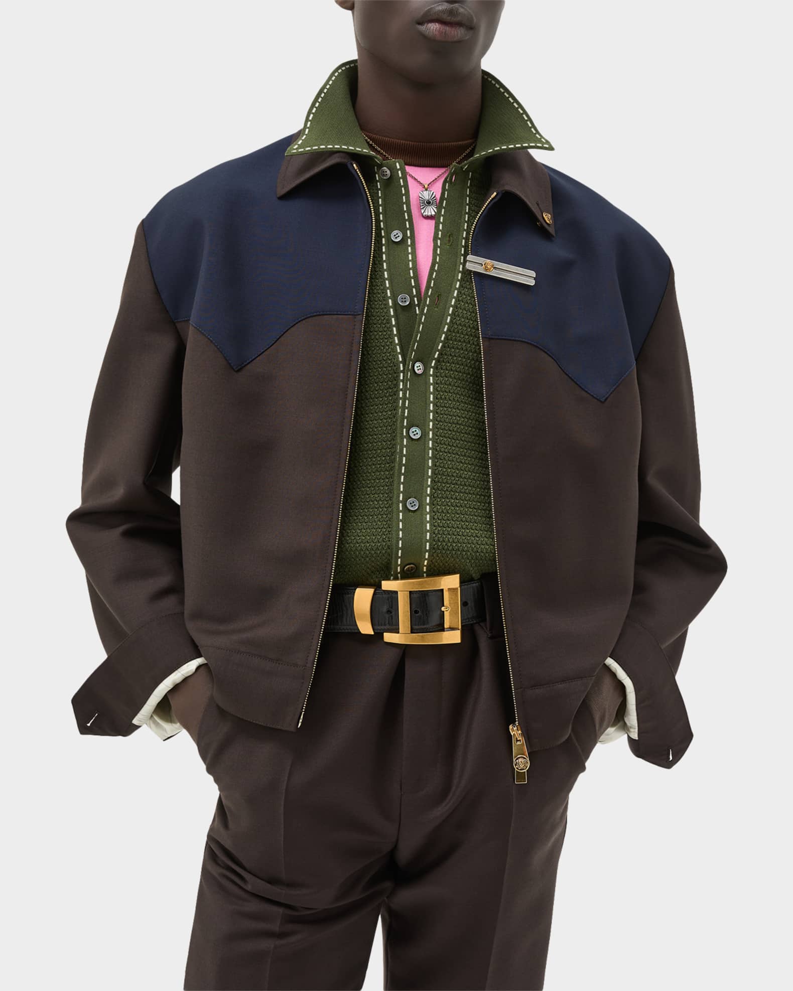 Versace Colorblocked Wool/Mohair Zip-Up Blouson Jacket | Neiman Marcus
