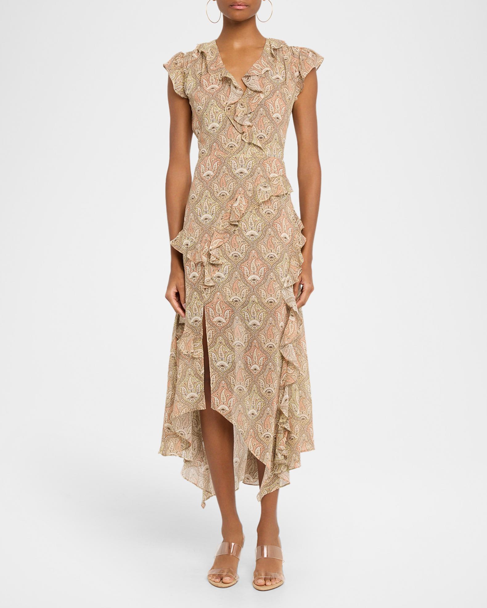 formal dress with beard Veronica Women's Avenel Paisley Cap-Sleeve - Stone Khaki Multi flutter-sleeve