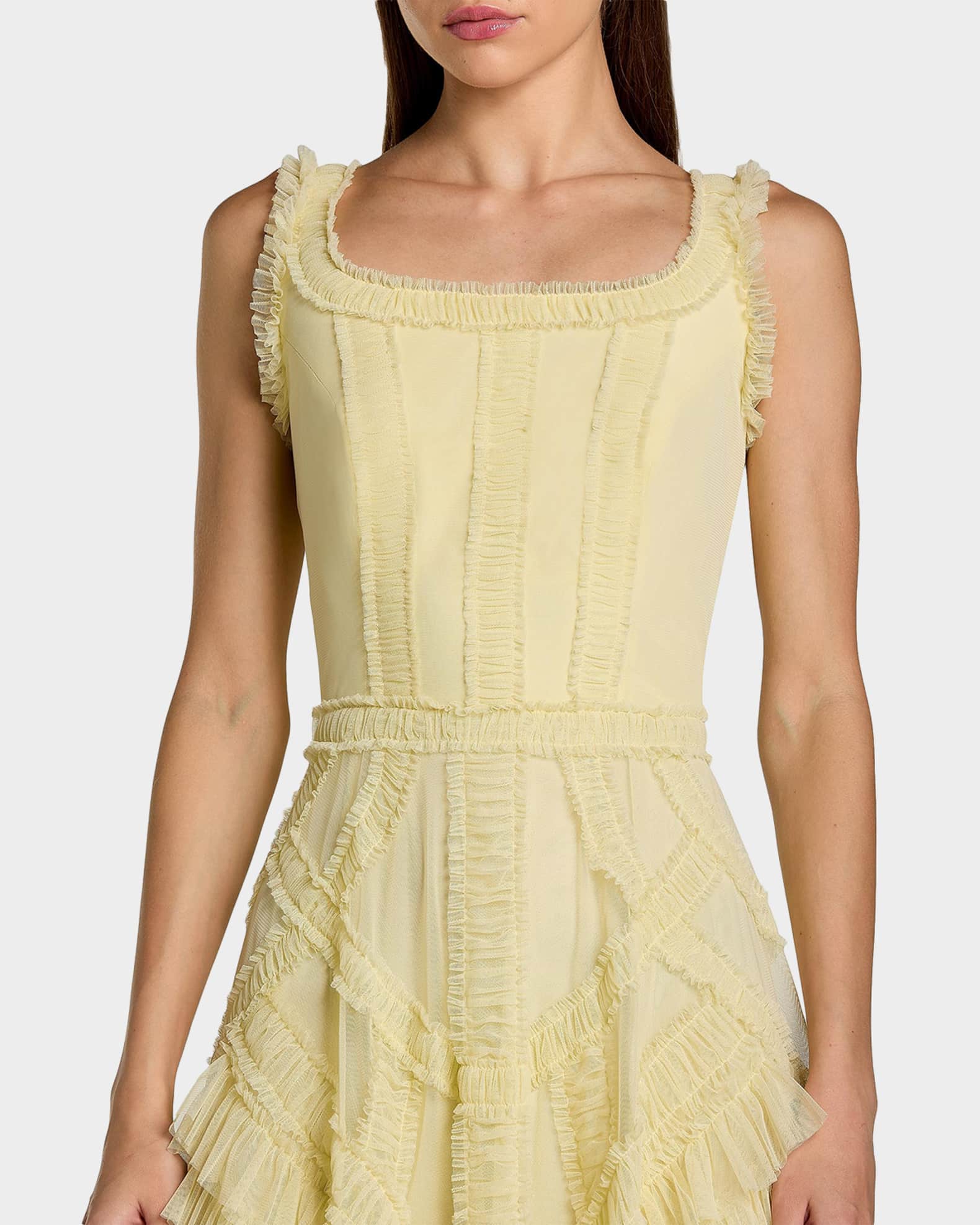 Mac Duggal Mesh Ruffled Scoopneck Midi-Dress | Neiman Marcus