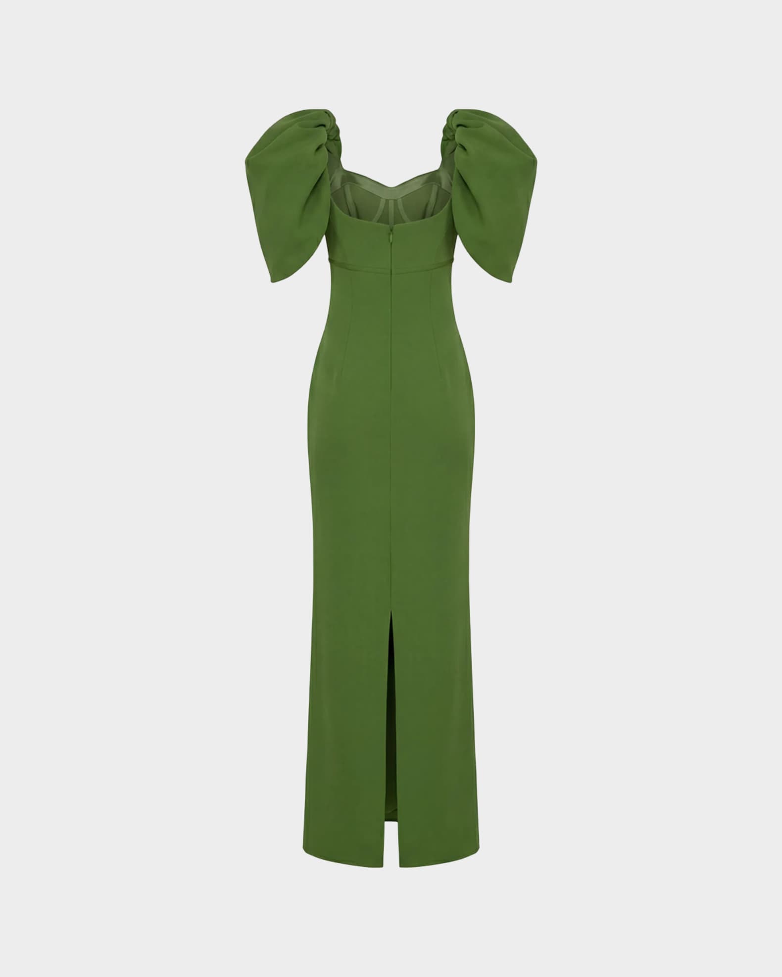 puff shoulder crepe midi dress Green Crepe Square Neck Gown With Puff Sleeves