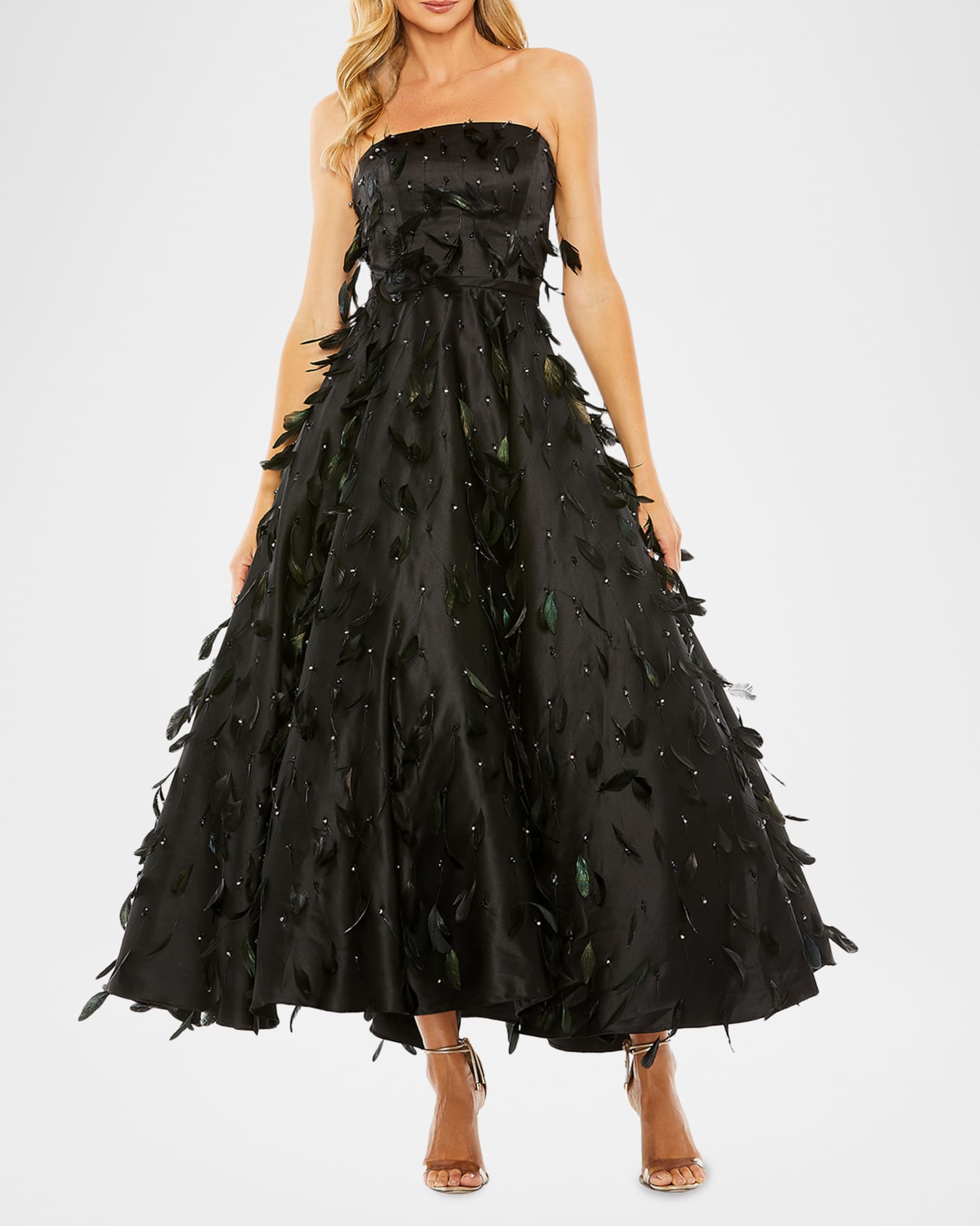 Mac Duggal Strapless Feather-Embellished Satin Maxi Dress | Neiman Marcus