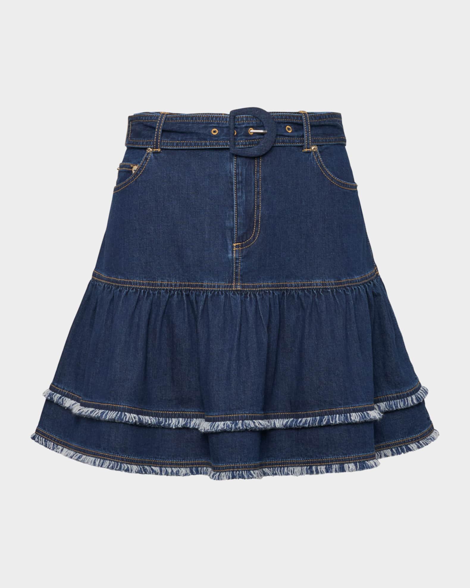 Cinq a Sept Denim Fringe-Trim Mini Skirt | Neiman Marcus