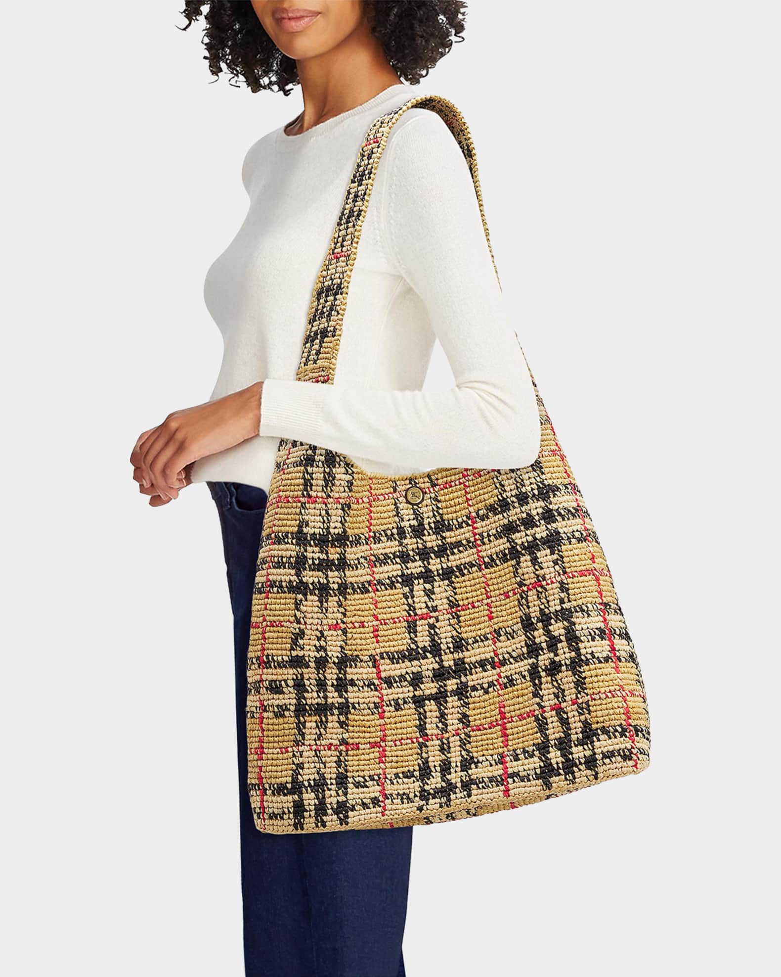 Burberry Margate Crochet Check Raffia Shoulder Bag | Neiman Marcus