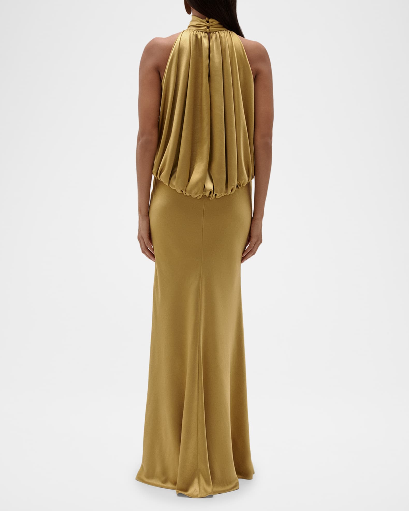 gold blouson dress ARRANGE scarf neck blouson sleeve column maxi wrap dress in gold