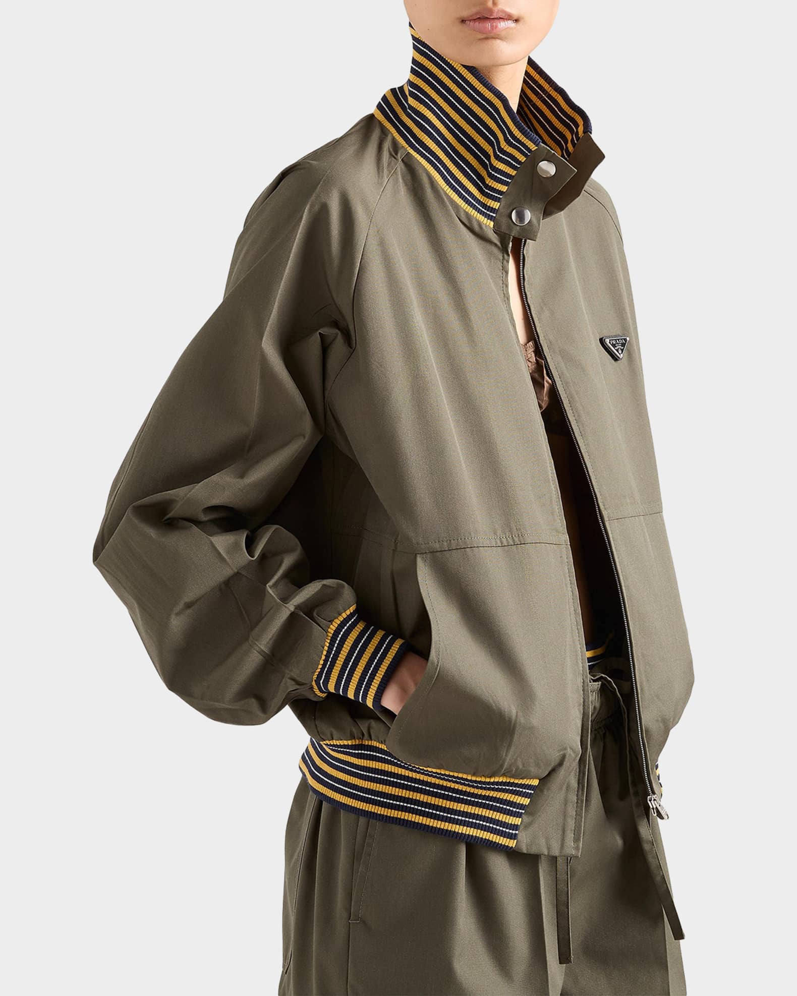 【PRADA】ストライププリントジャージートップ Prada Striped-Trim Poplin Turtleneck Jacket | Neiman Marcus