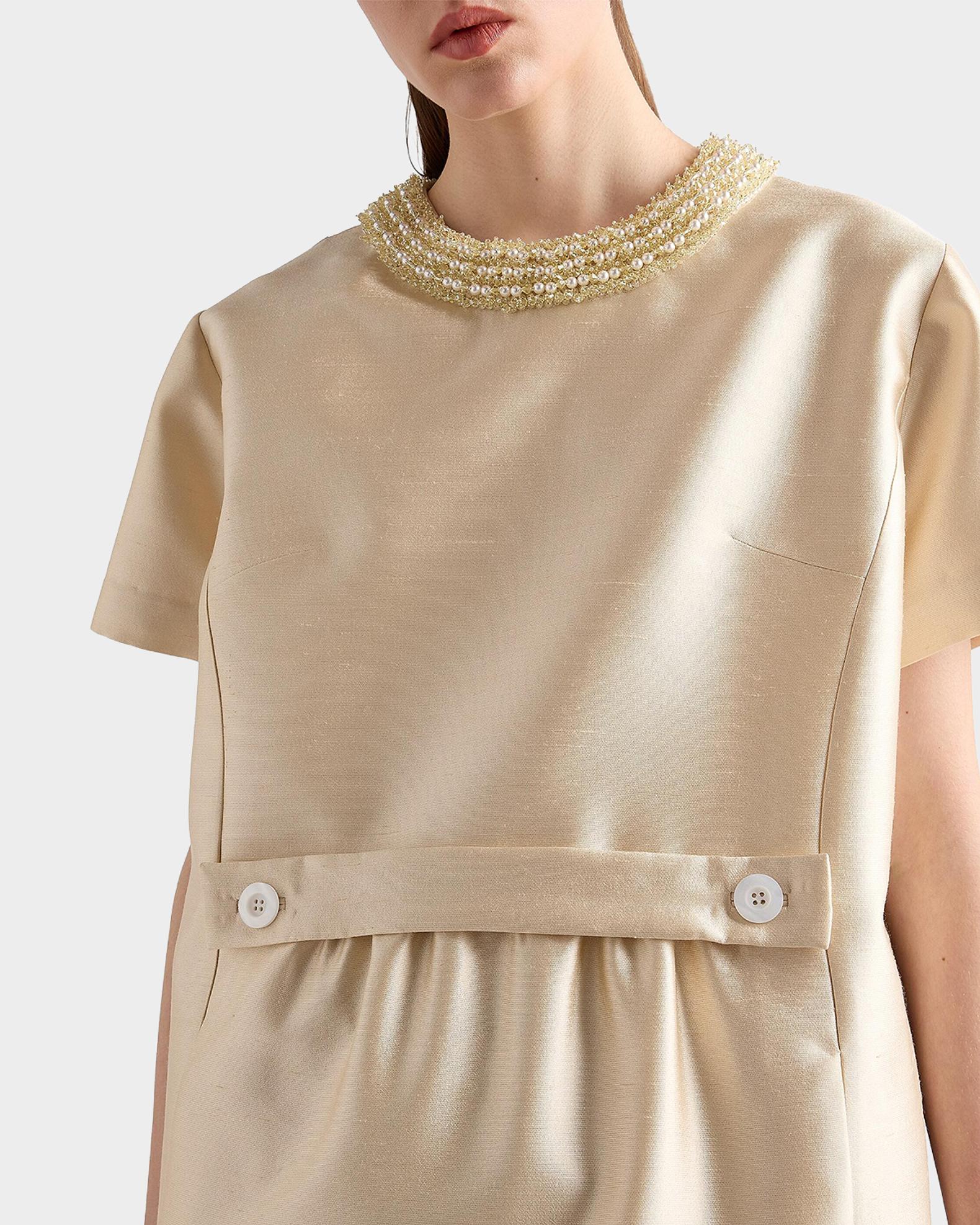 beaded collar shift dress Elegant & Chic 1960's Ivory Shantung Silk Shift Dress With Beaded Coll   Xtabay Vintage