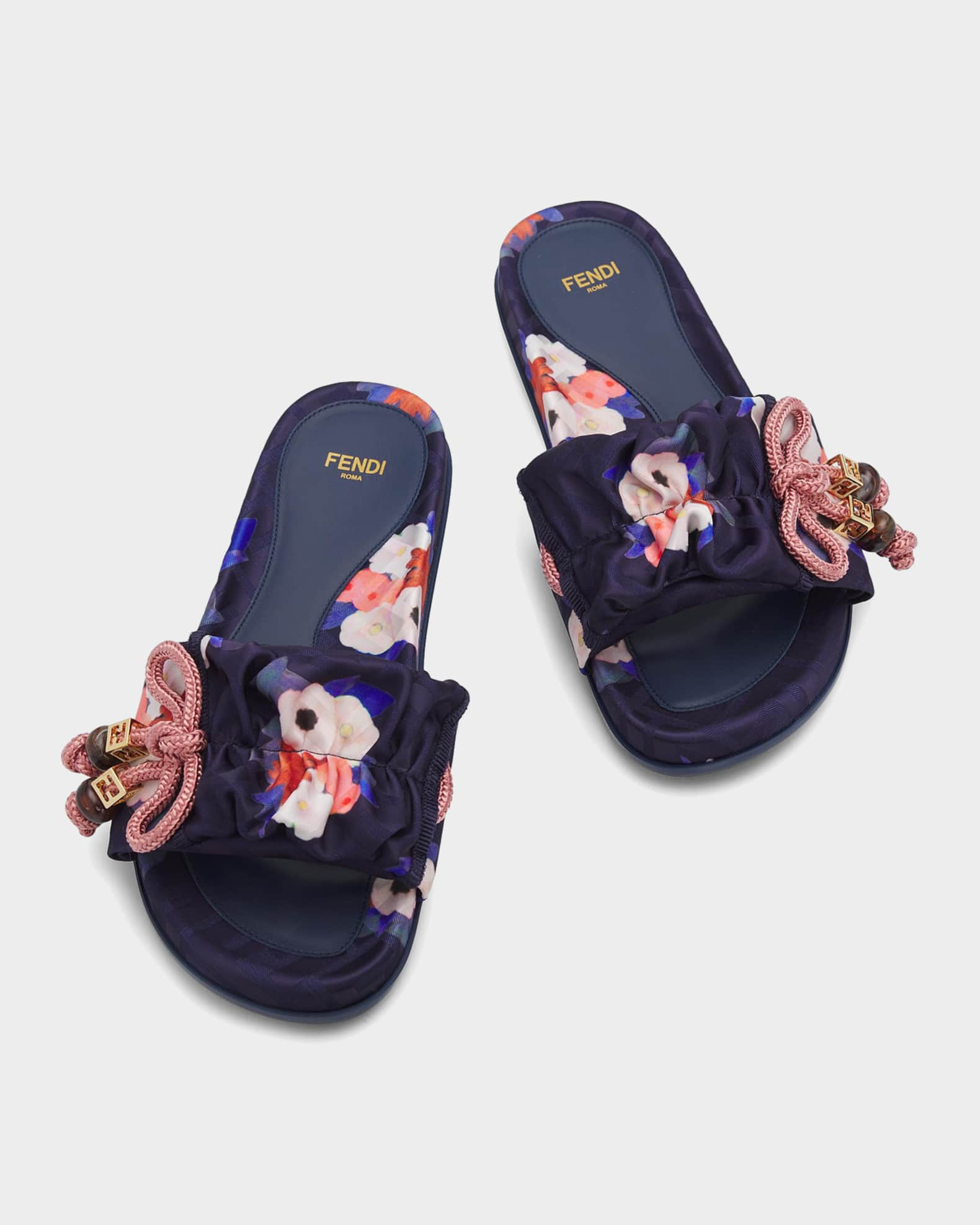 Fendi Feel Floral Satin Jacquard Slides | Neiman Marcus