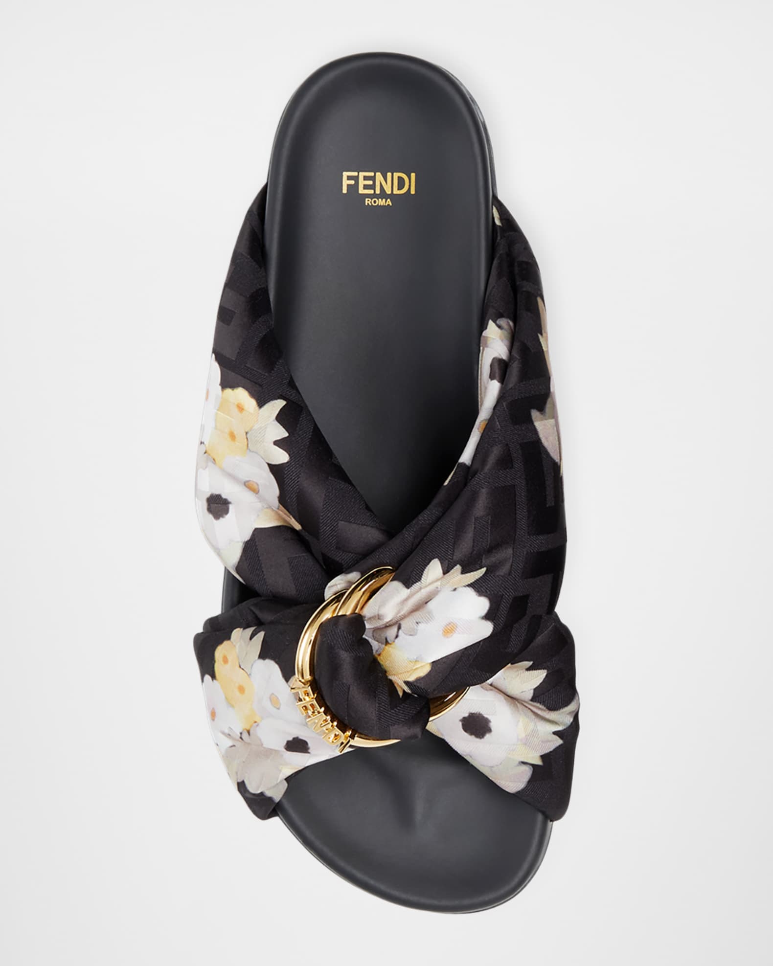 Fendi Feel FF Satin Floral Slide Sandals | Neiman Marcus