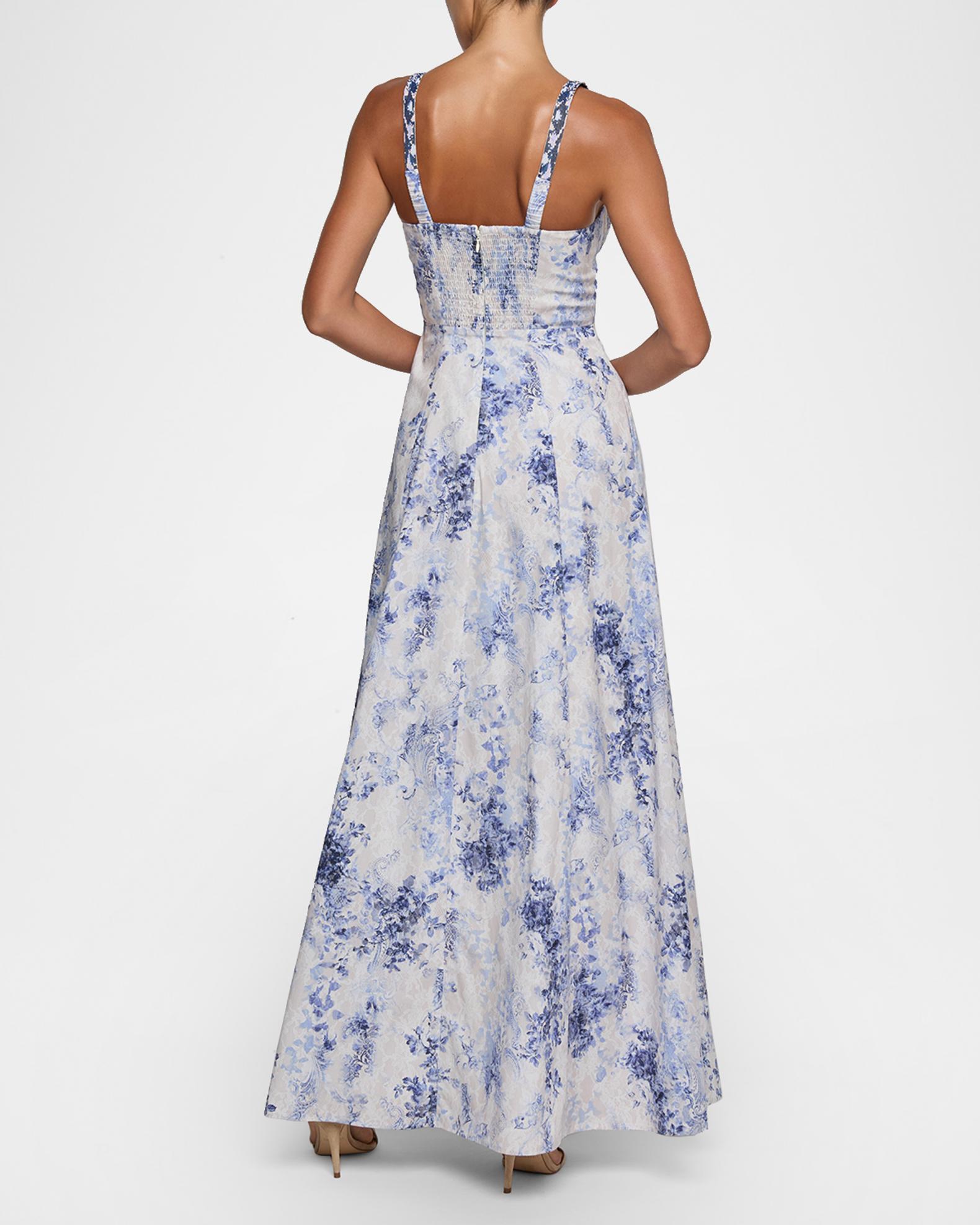 sutton backless dress multi L'AGENCE Maxi In Ivory/Blue Watercolor Lace Paisley KissProm Long Sleeve Boho ADDDRESS Color:Royal Blue Rendered in a modern