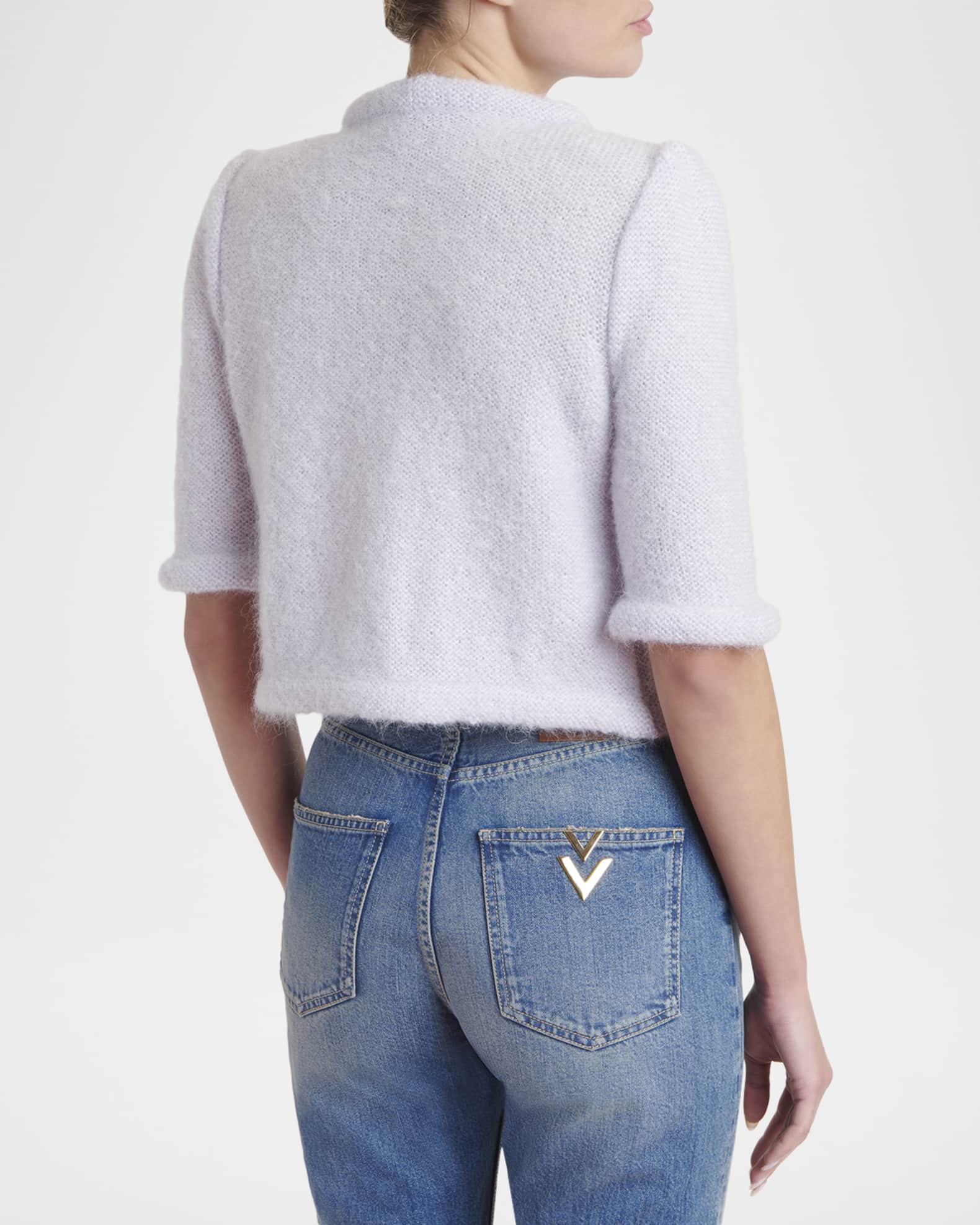 Valentino Garavani Bow Embroidered Mohair Short-Sleeve Crop