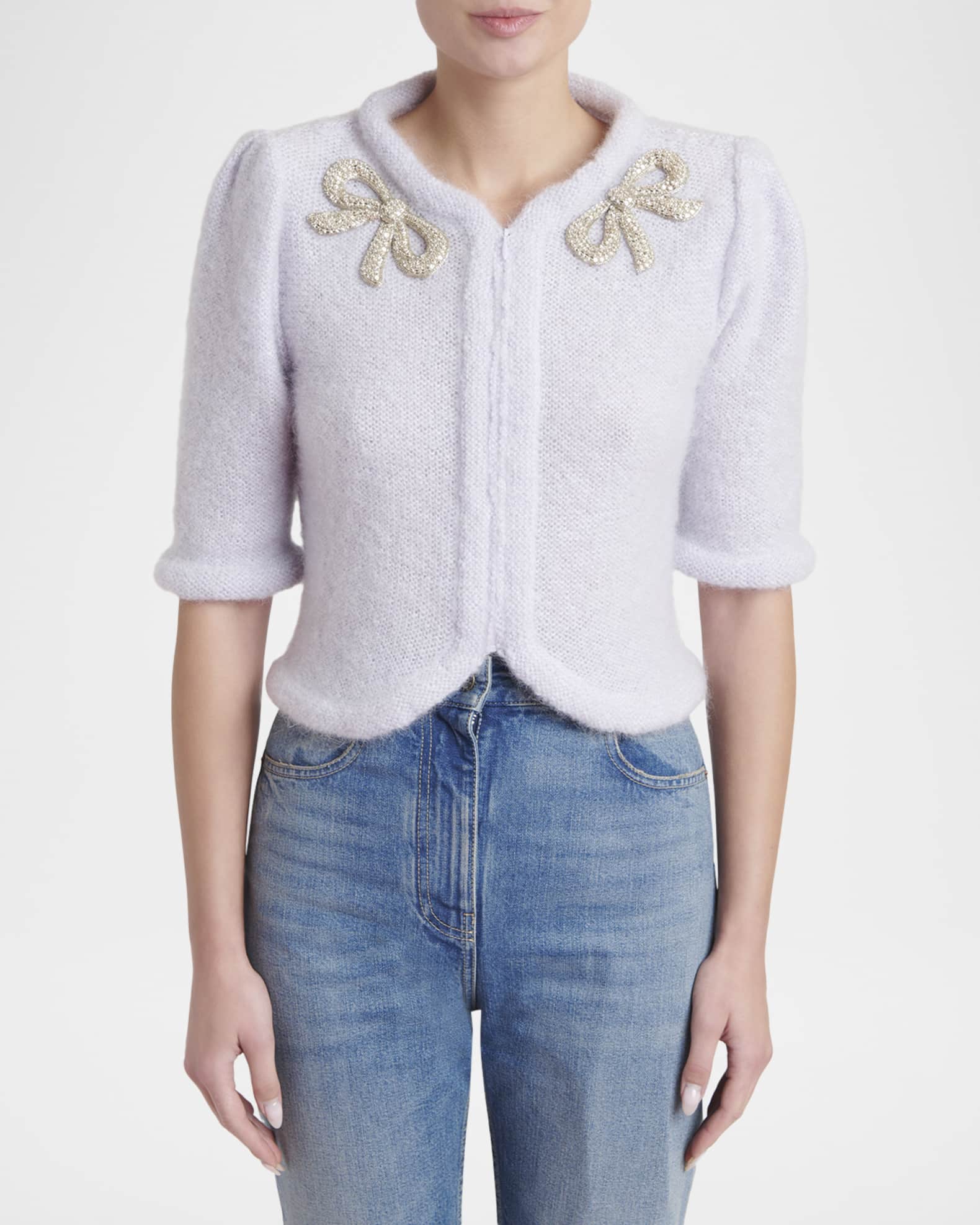 Valentino Garavani Bow Embroidered Mohair Short-Sleeve Crop