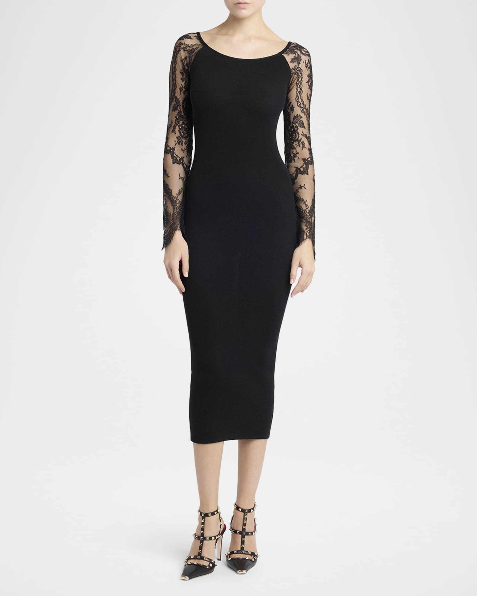 Valentino Garavani Lace Long-Sleeve Rib Midi Dress | Neiman Marcus