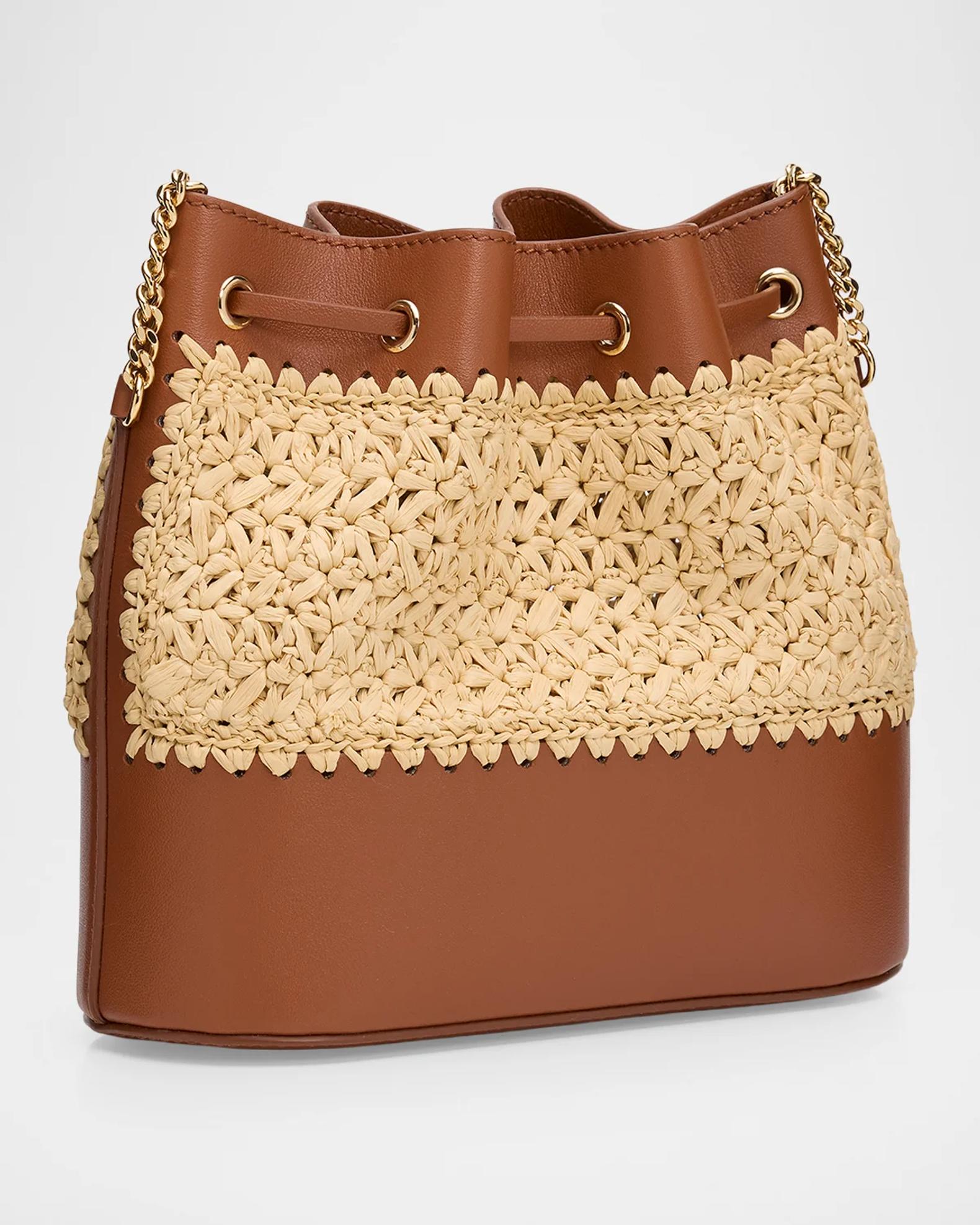 Valentino Garavani Mini Raffia & Leather Bucket Crossbody Bag