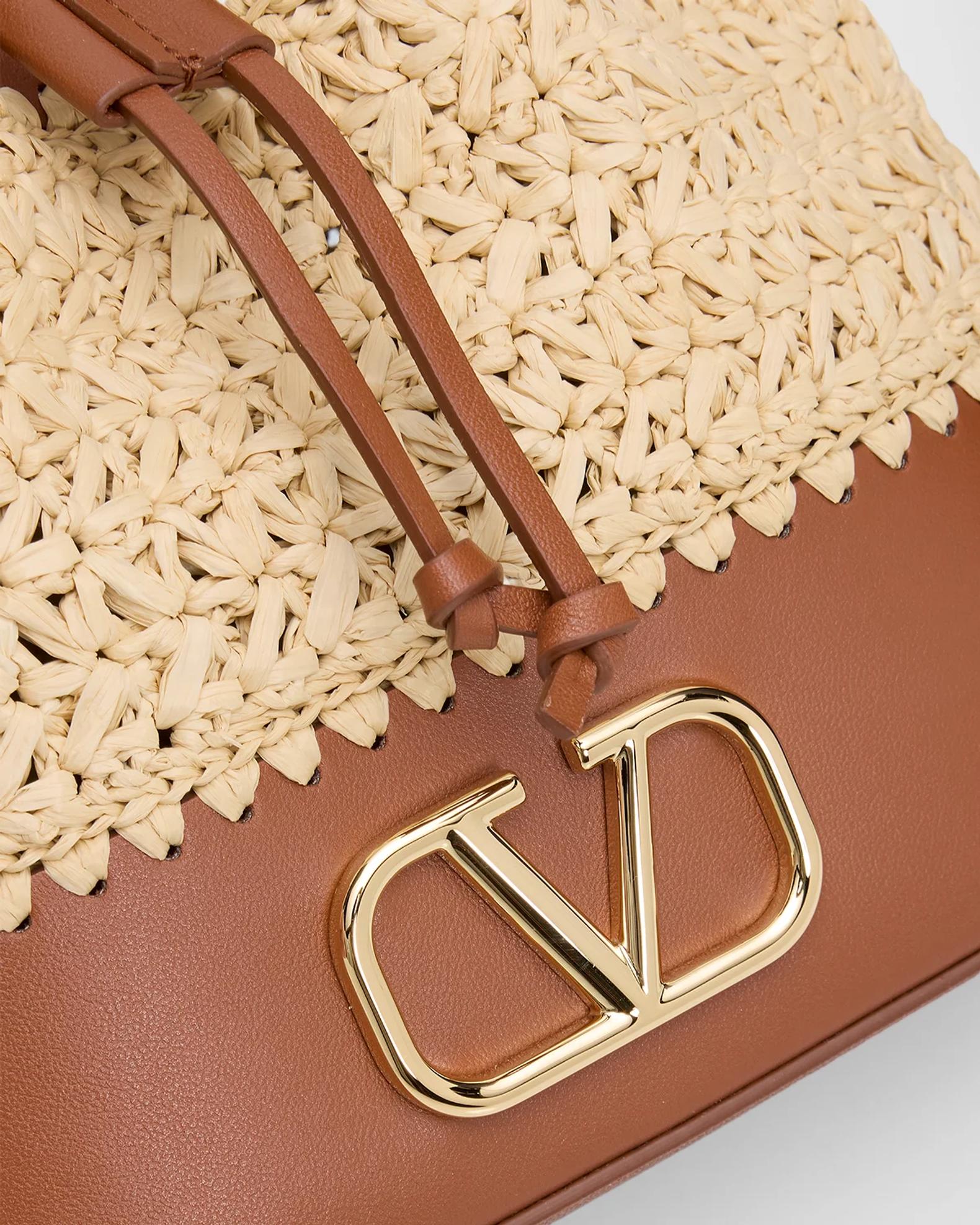 Valentino Garavani Mini Raffia & Leather Bucket Crossbody Bag