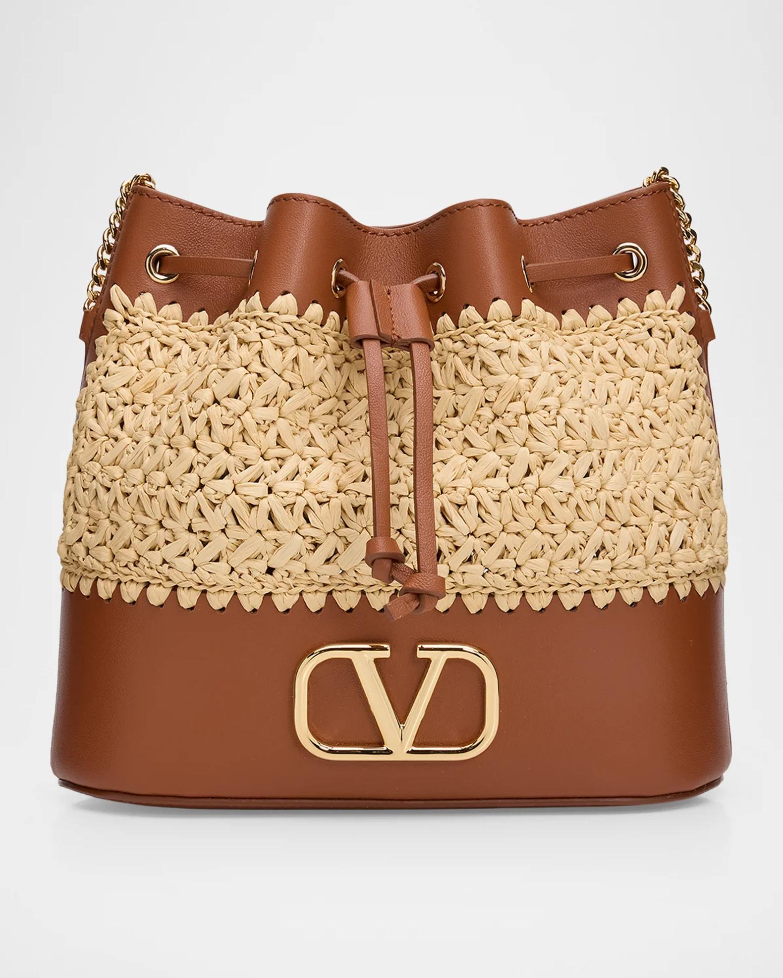 Valentino Garavani Mini Raffia & Leather Bucket Crossbody Bag