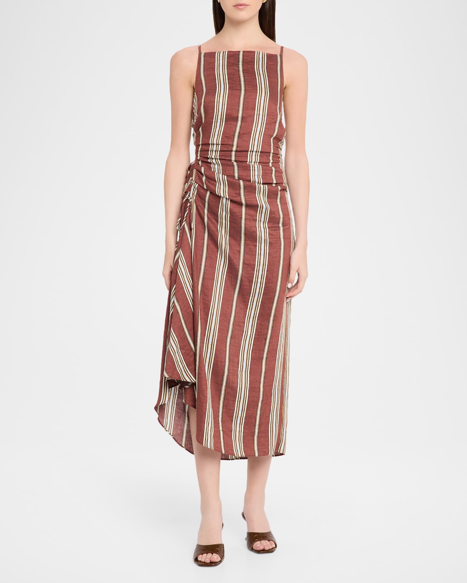 A.L.C. Naomi Draped Stripe Linen Midi Dress, Brunette Multi, Women's, 14, Casual & Work Dresses Day Dresses Sundresses
