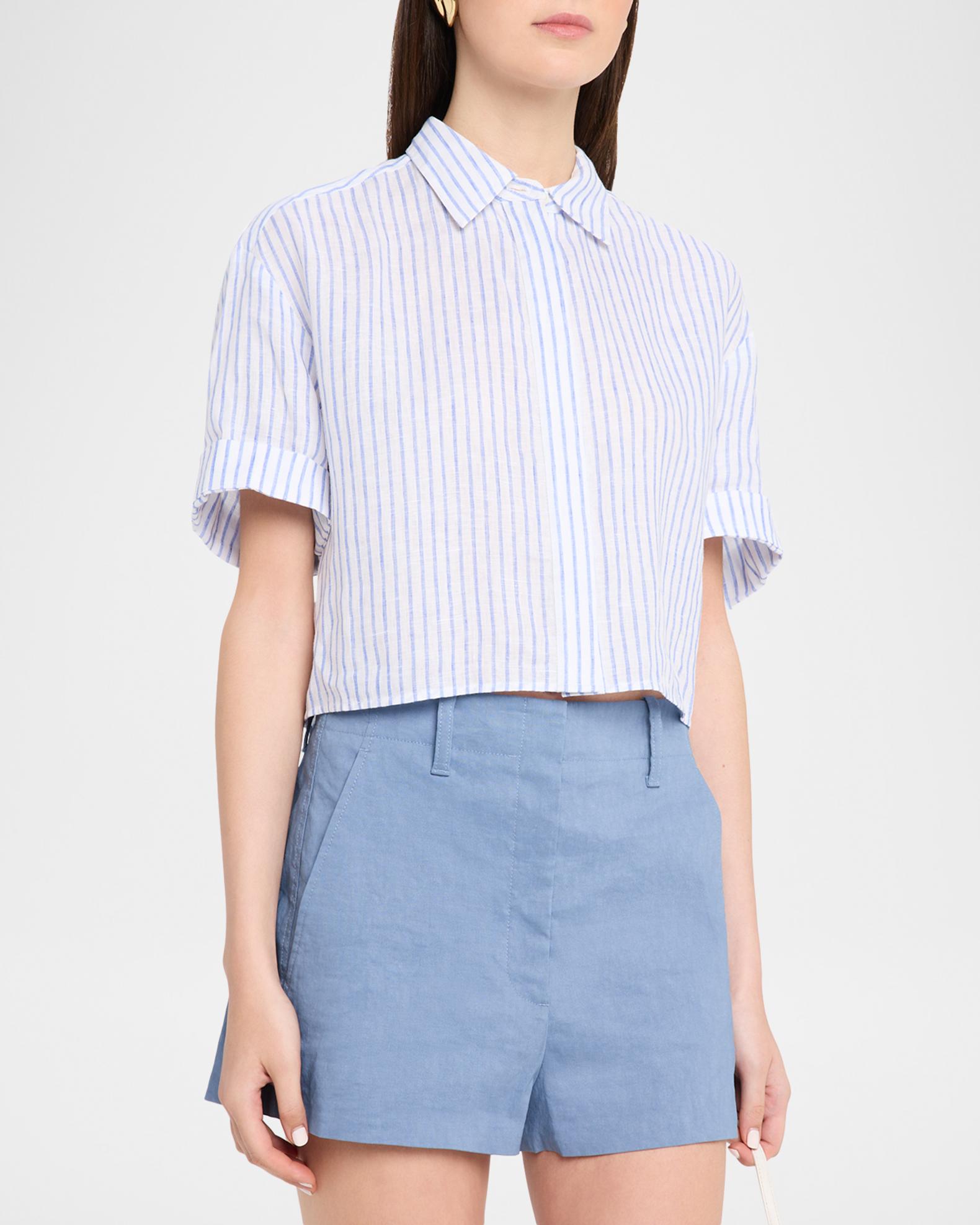 A.L.C. Mel Stripe Linen Cropped Shirt | Neiman Marcus
