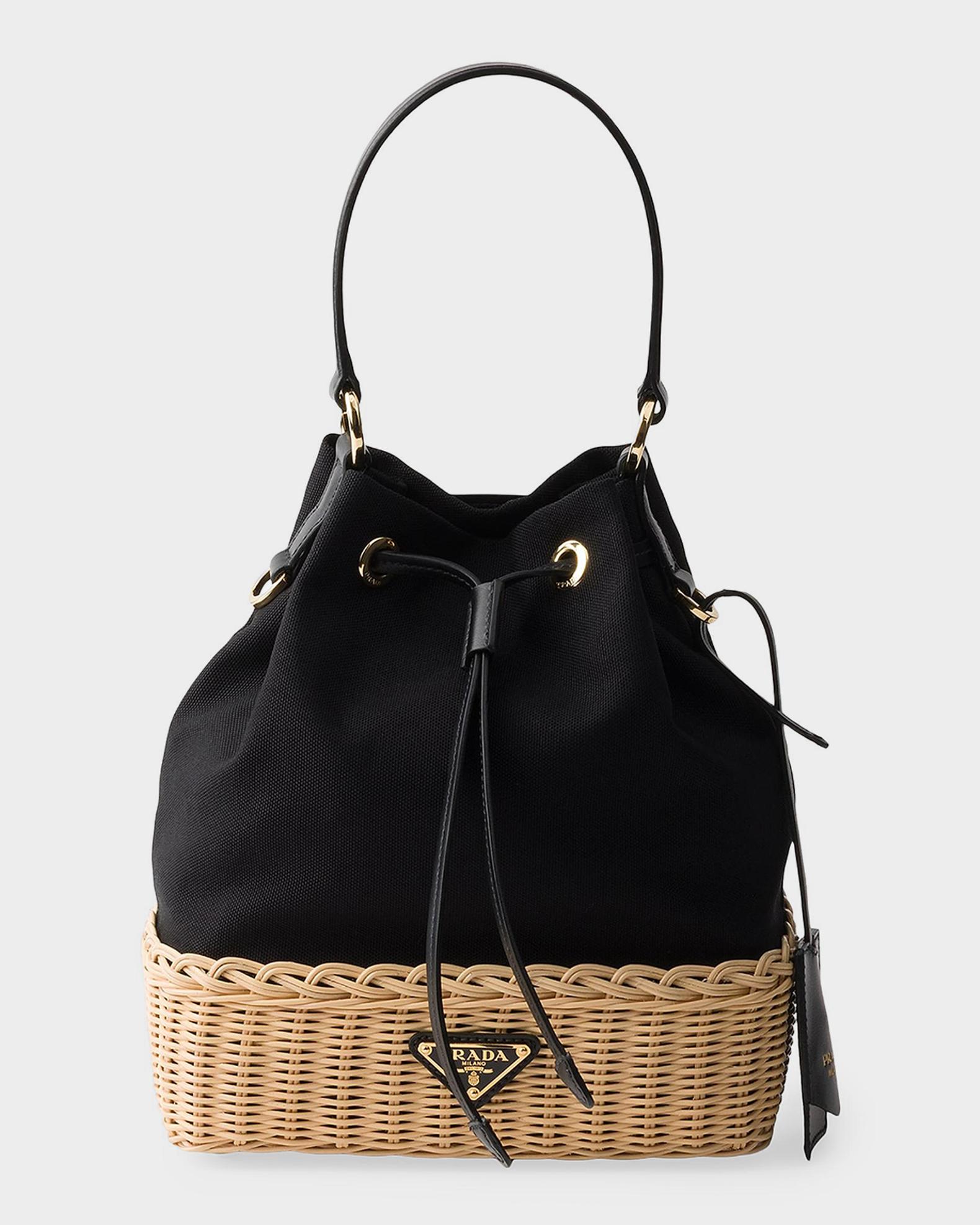 Prada Wicker and Canvas Bucket Backpack | Neiman Marcus