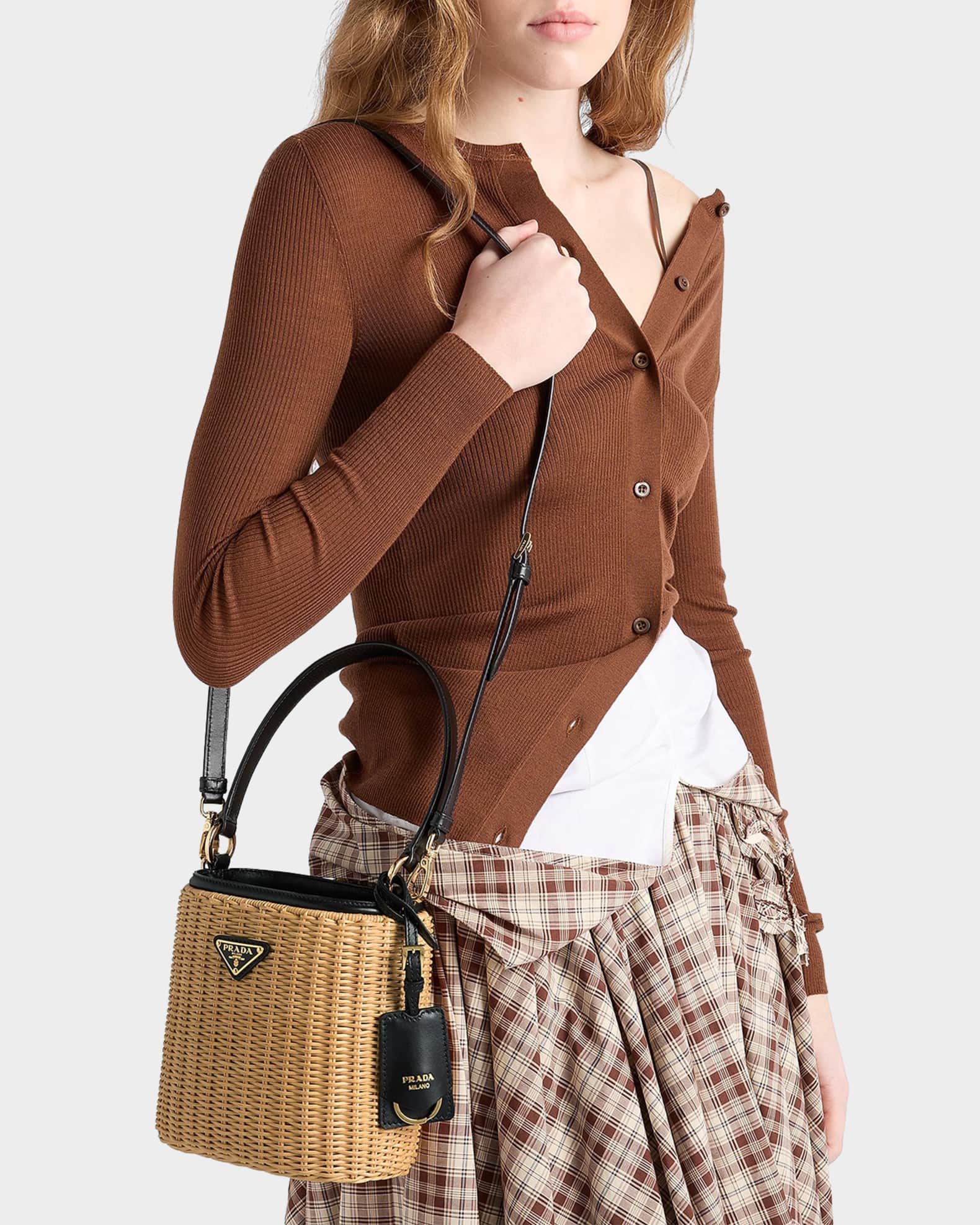 Prada Wicker and Leather Bucket Bag | Neiman Marcus