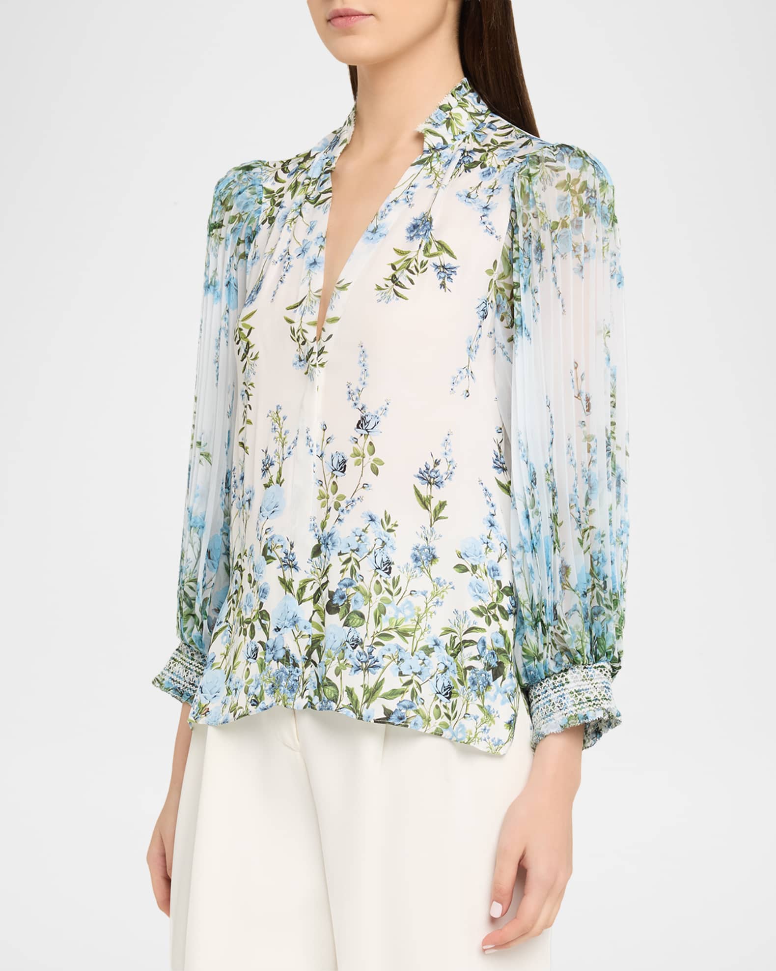 ALICE + OLIVIA Ilan Pleated-Sleeve Blouse | Neiman Marcus