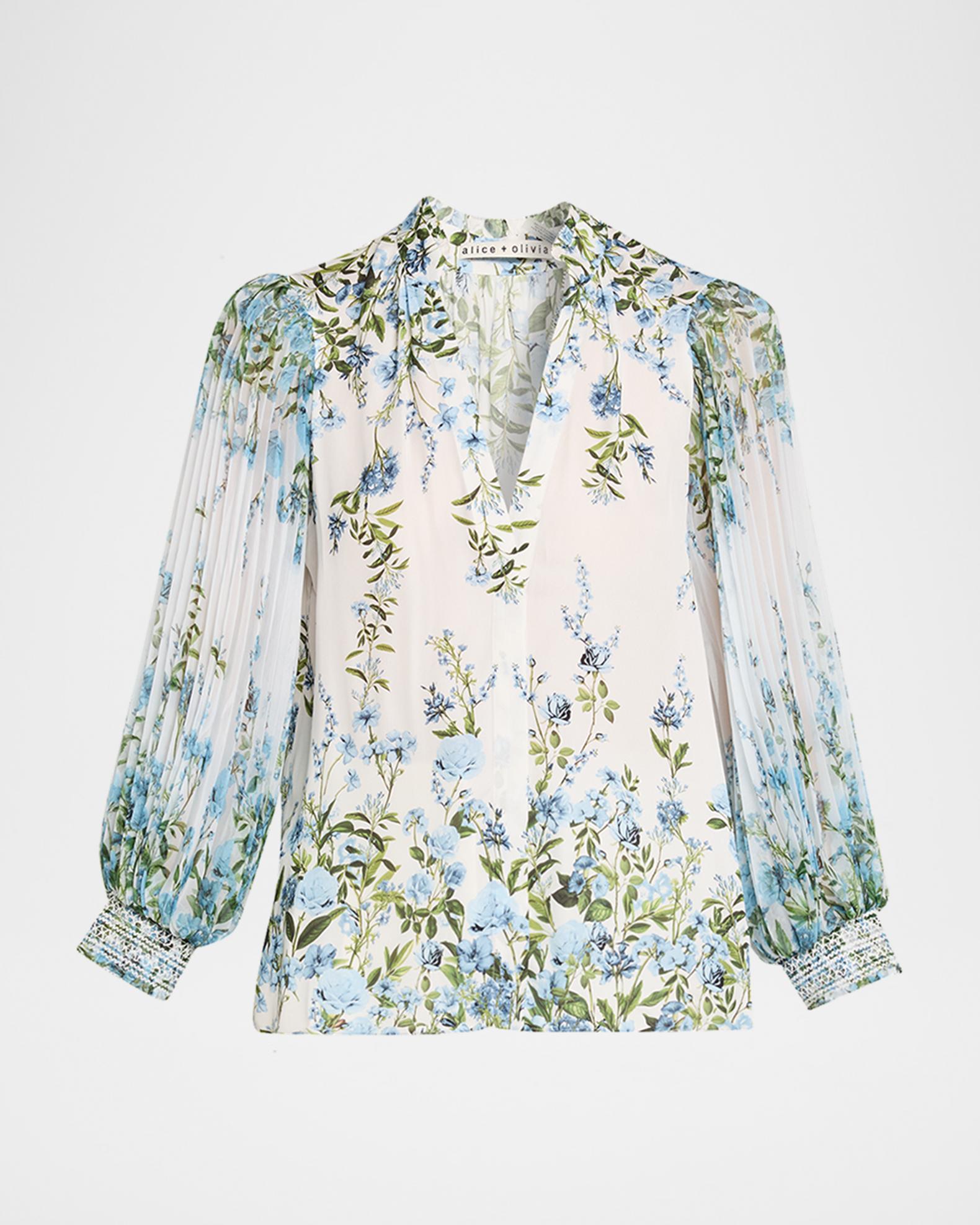 ALICE + OLIVIA Ilan Pleated-Sleeve Blouse | Neiman Marcus
