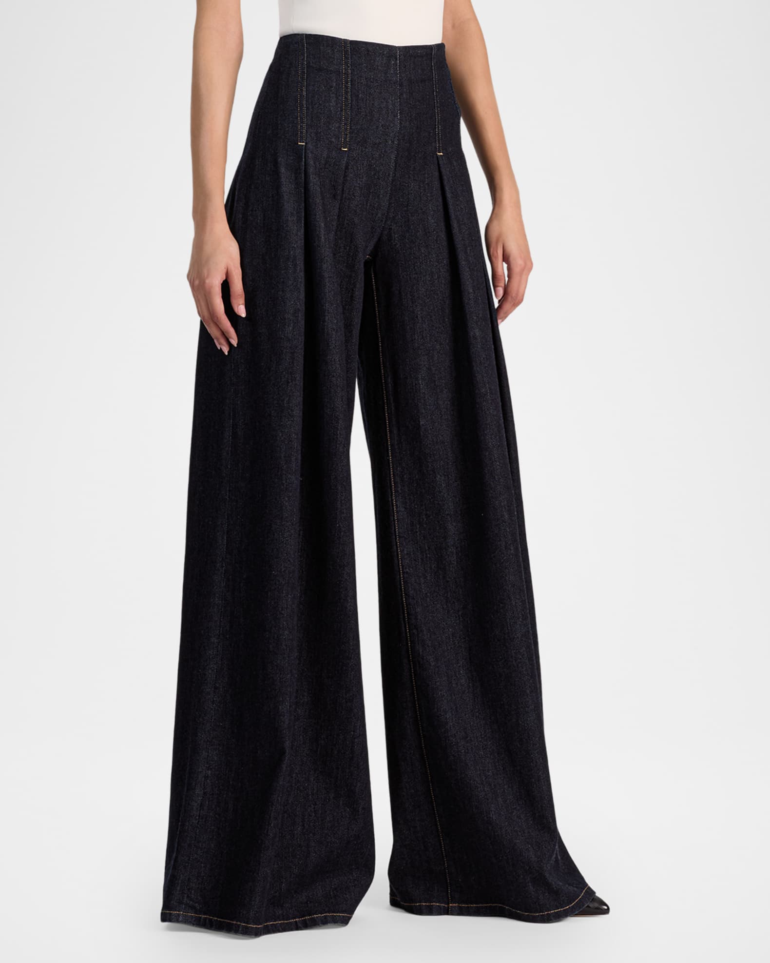 ALICE + OLIVIA Henry Pleated Denim Trousers | Neiman Marcus