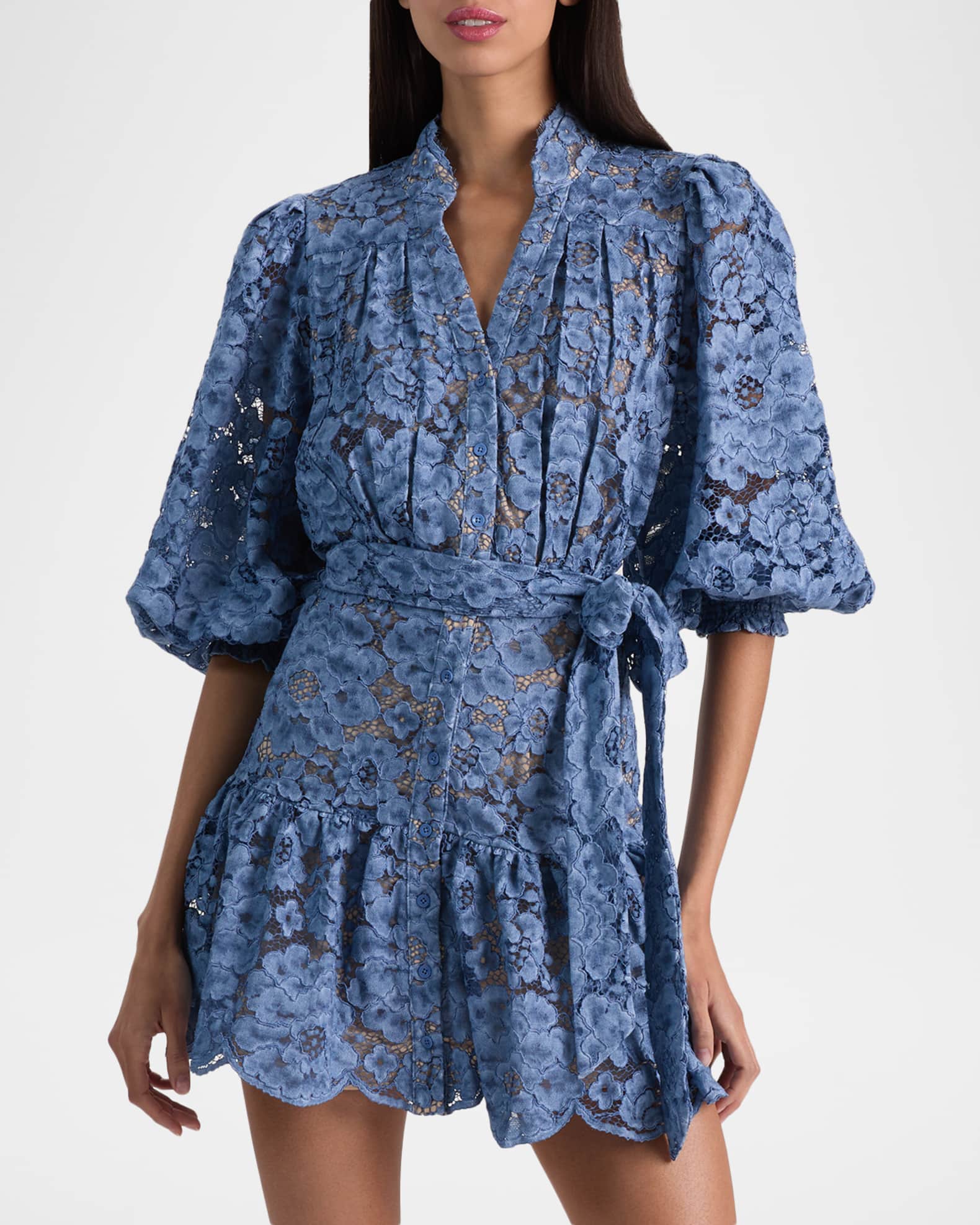 ALICE + OLIVIA Cora Voluminous Floral Lace Shirtdress | Neiman Marcus