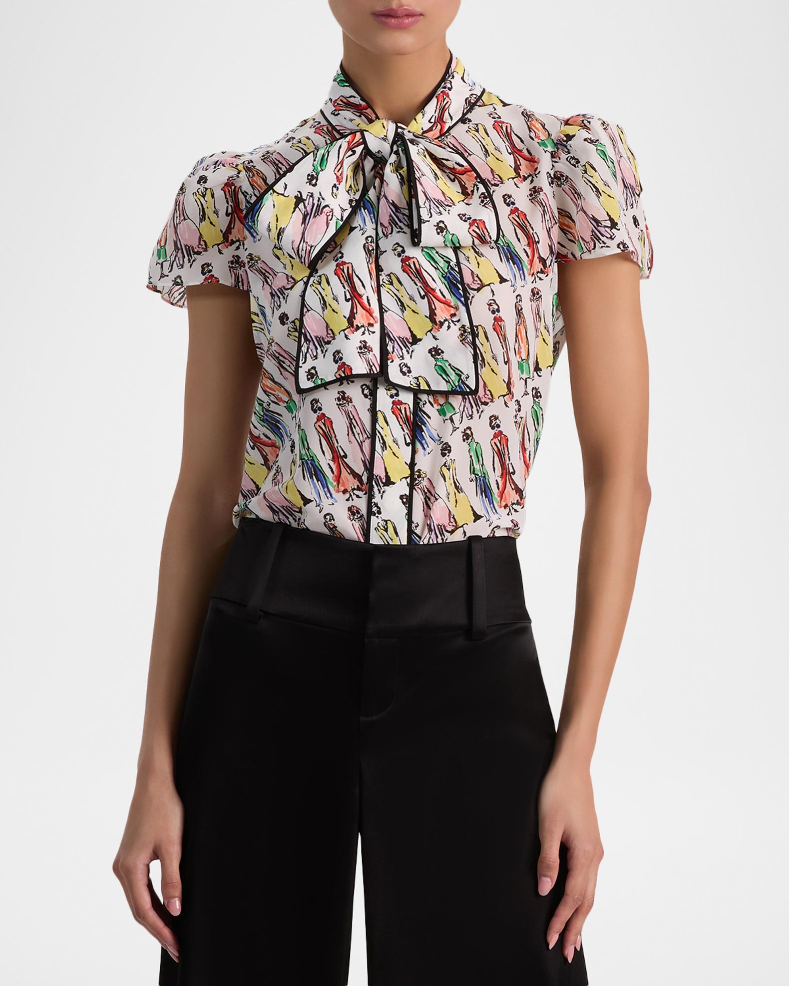 ALICE + OLIVIA Jeannie Staceface Tie-Neck Blouse | Neiman Marcus
