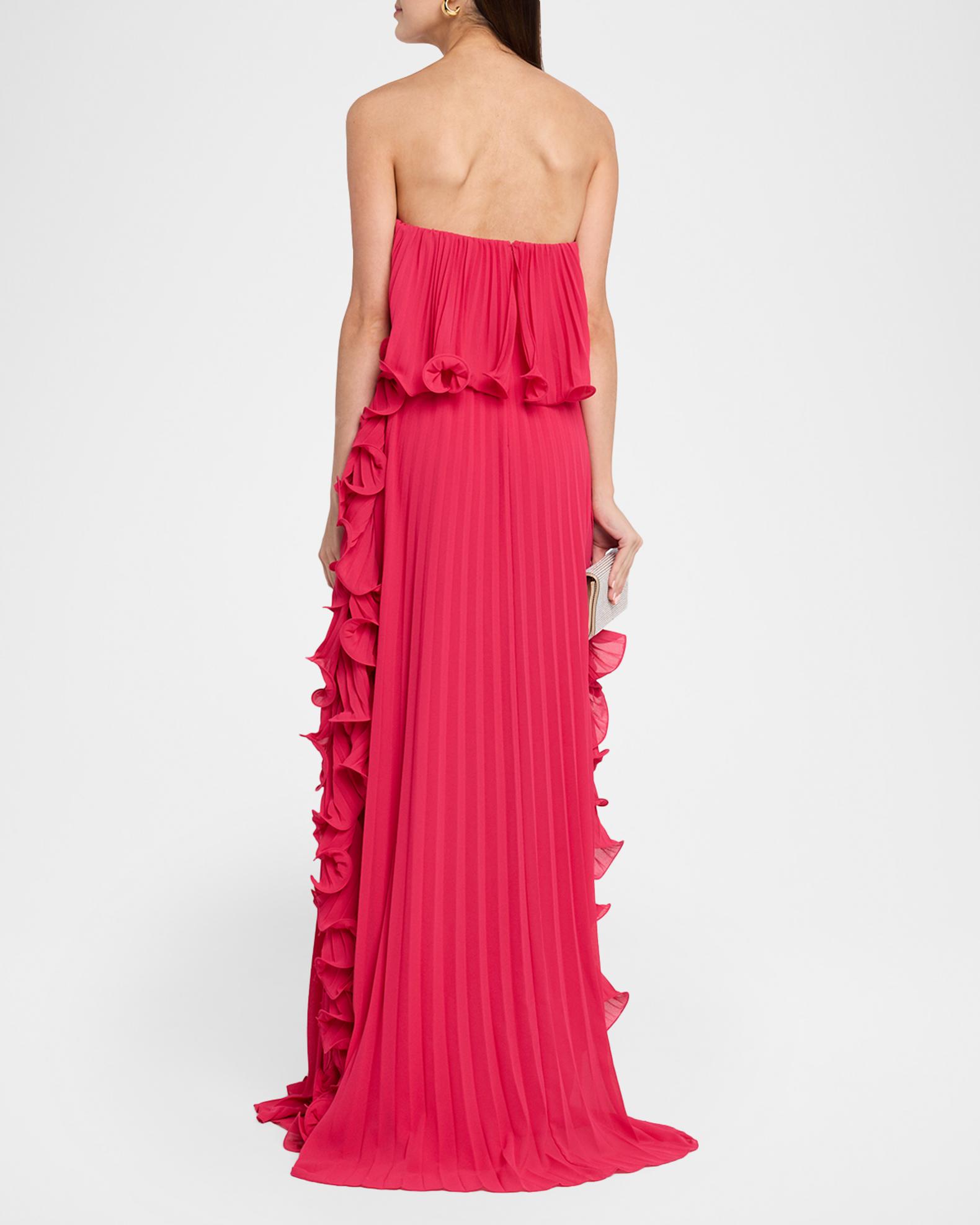 Badgley Mischka Strapless Ruffle-Trim Pleated Chiffon Gown | Neiman Marcus