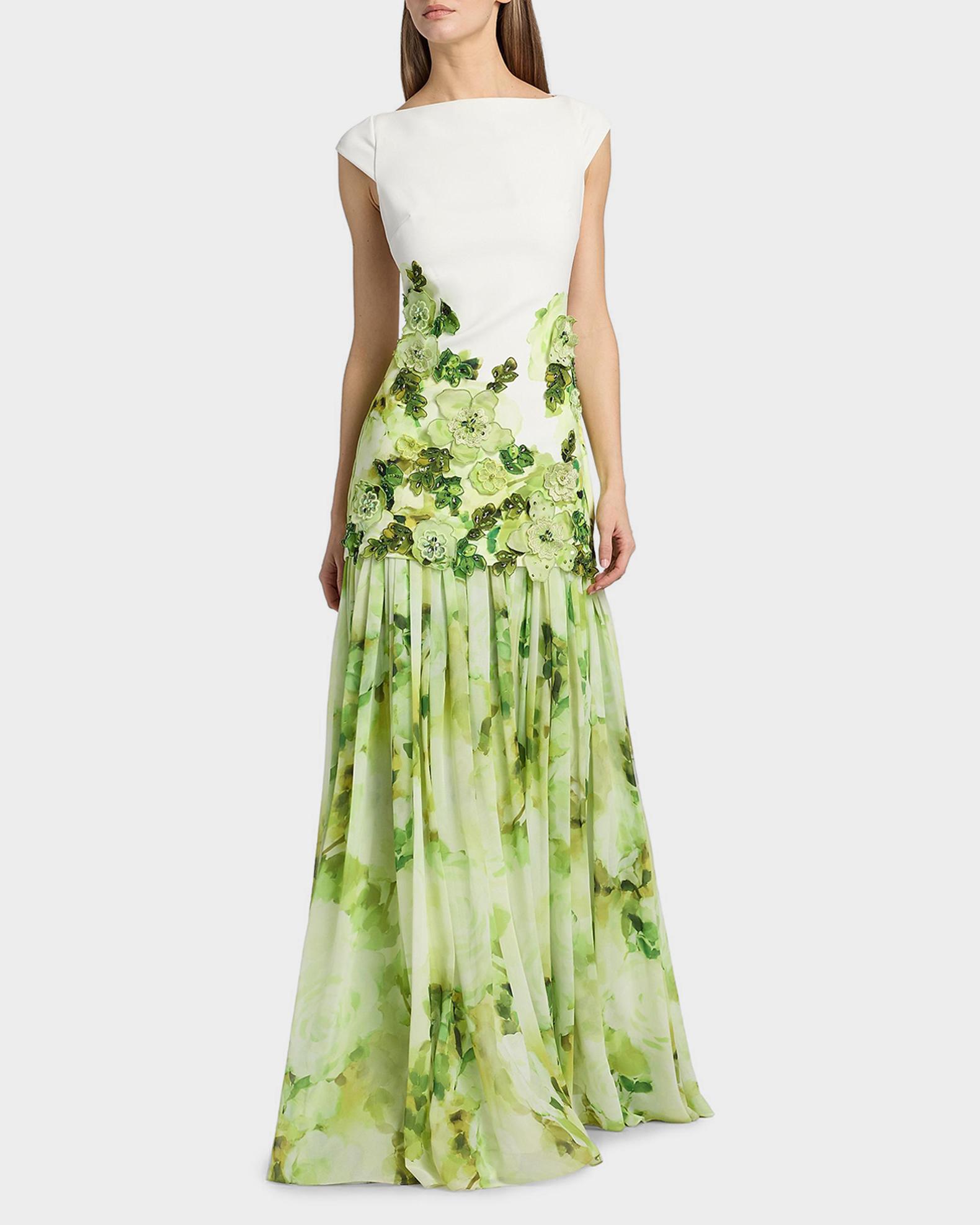 badgley mischka green chiffon dress Badgley Mischka Floral Print Dropwaist Sheath Gown Dress
