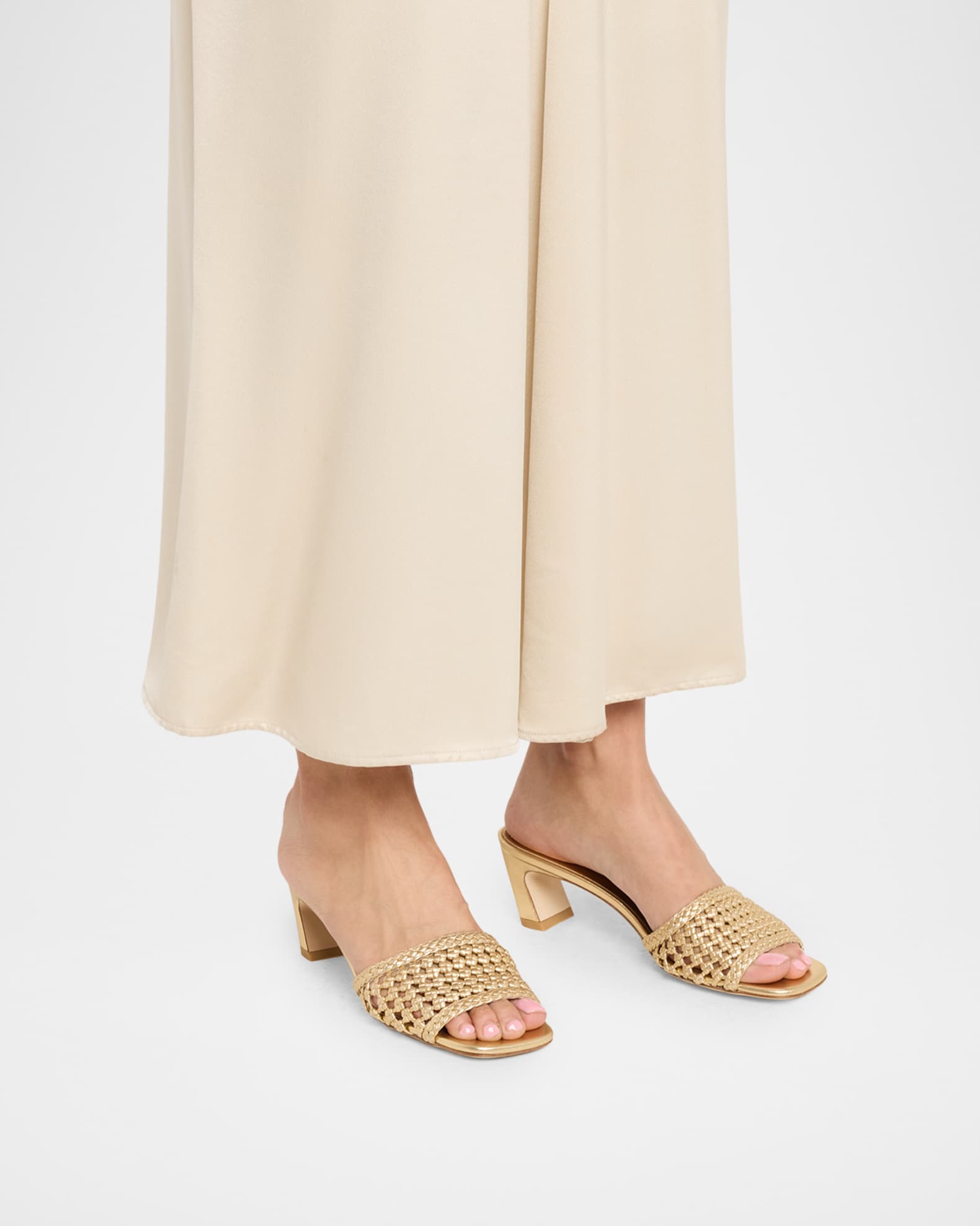 Stuart Weitzman 50mm Marina Woven Metallic Leather Mules | Neiman