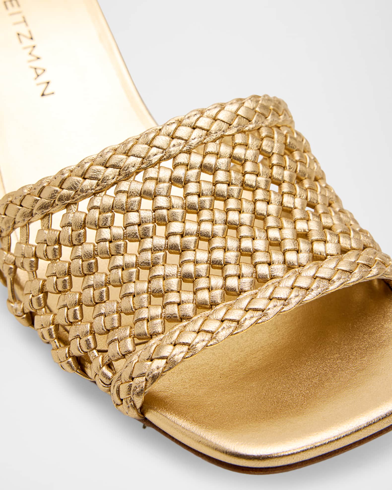 Stuart Weitzman 50mm Marina Woven Metallic Leather Mules | Neiman