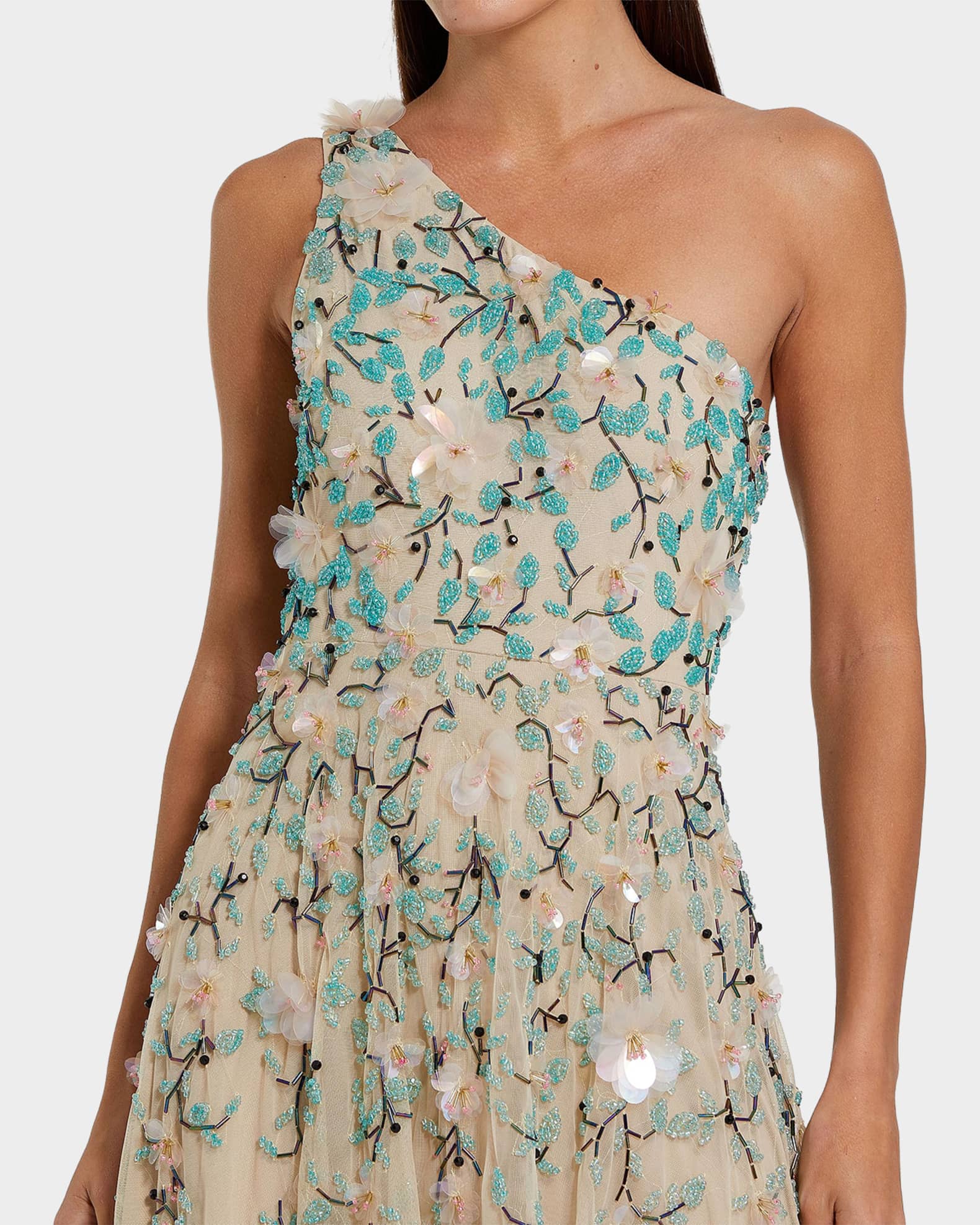 Mac Duggal Embellished Floral Mesh One-Shoulder Midi-Dress | Neiman Marcus