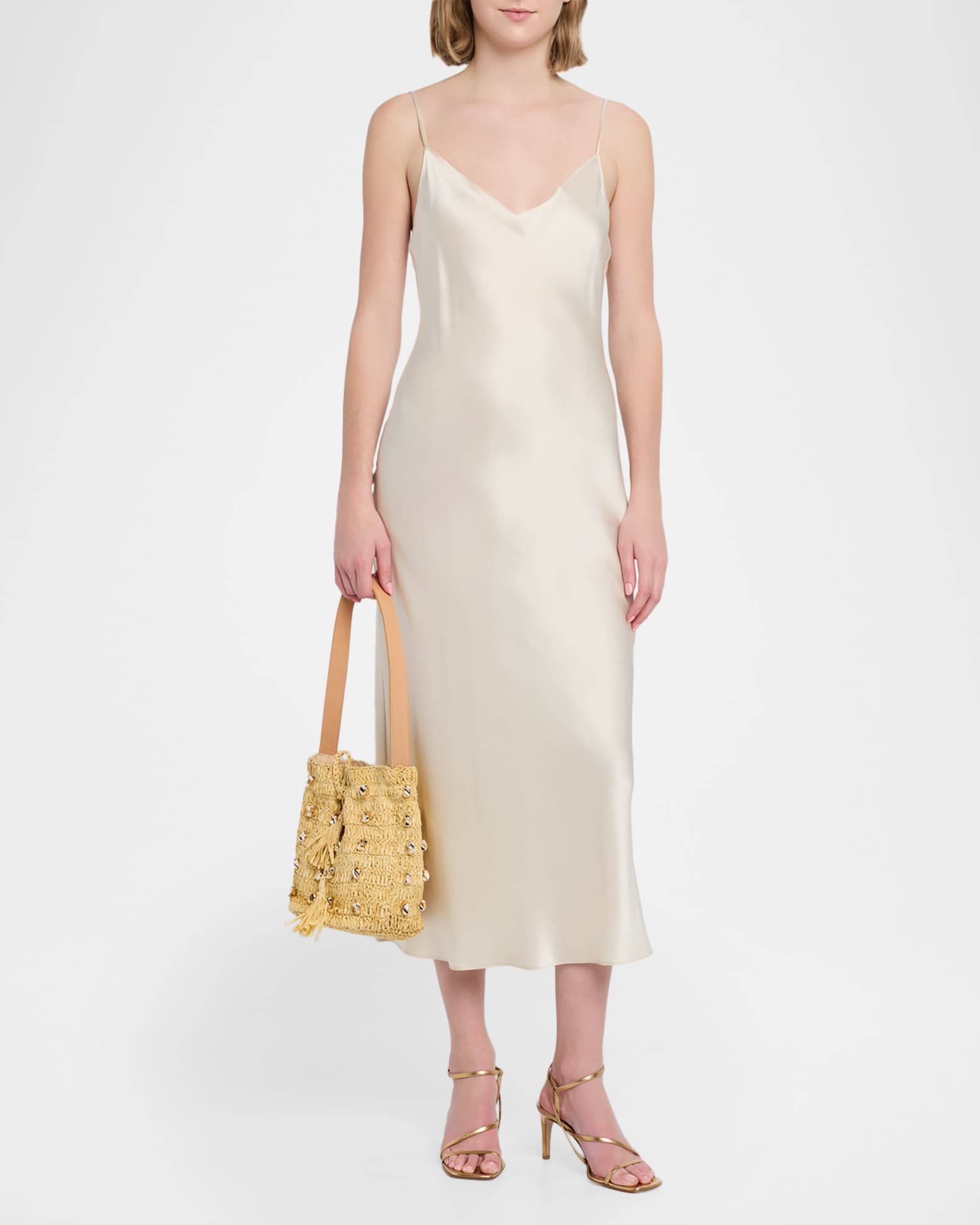 BTB Los Angeles Gaila Studded Raffia Bucket Bag | Neiman Marcus